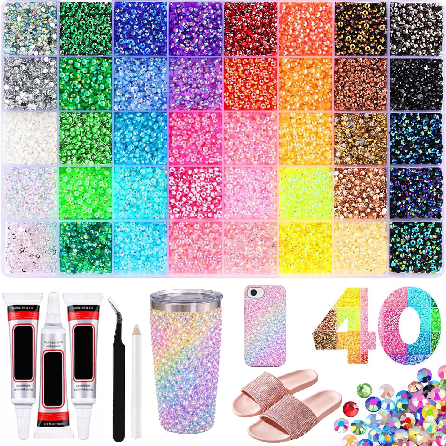40000Pcs 40 Colors Resin Rhinestone Bedazzling Kit 3mm Small, Jelly Rhinestone Kit for Bedazzling Flatback Gems, for Clothes Nail Book Diamond Art