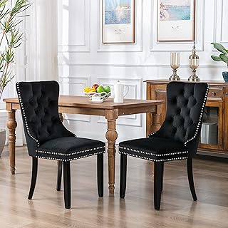 LZ LEISURE ZONE Dining Chairs Set of 2, Upholstered Accent Chair Button Tufted Armless Chair with Back Ring Pull and Nailhead Trim (Black), Seat Height 20"