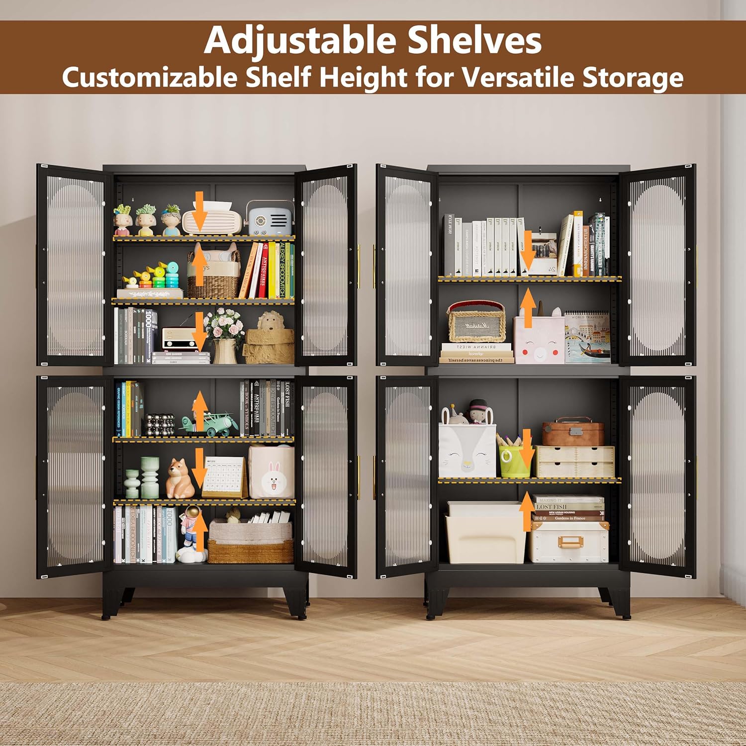 pozdeg Metal Storage Cabinet, 61" Pantry Kitchen Storage Cabinets with 4 Acrylic Glass Doors 4 Adjustable Shelves, Black Pantry Storage Cabinet for Kitchen, Laundry Room, Living Room (Black)