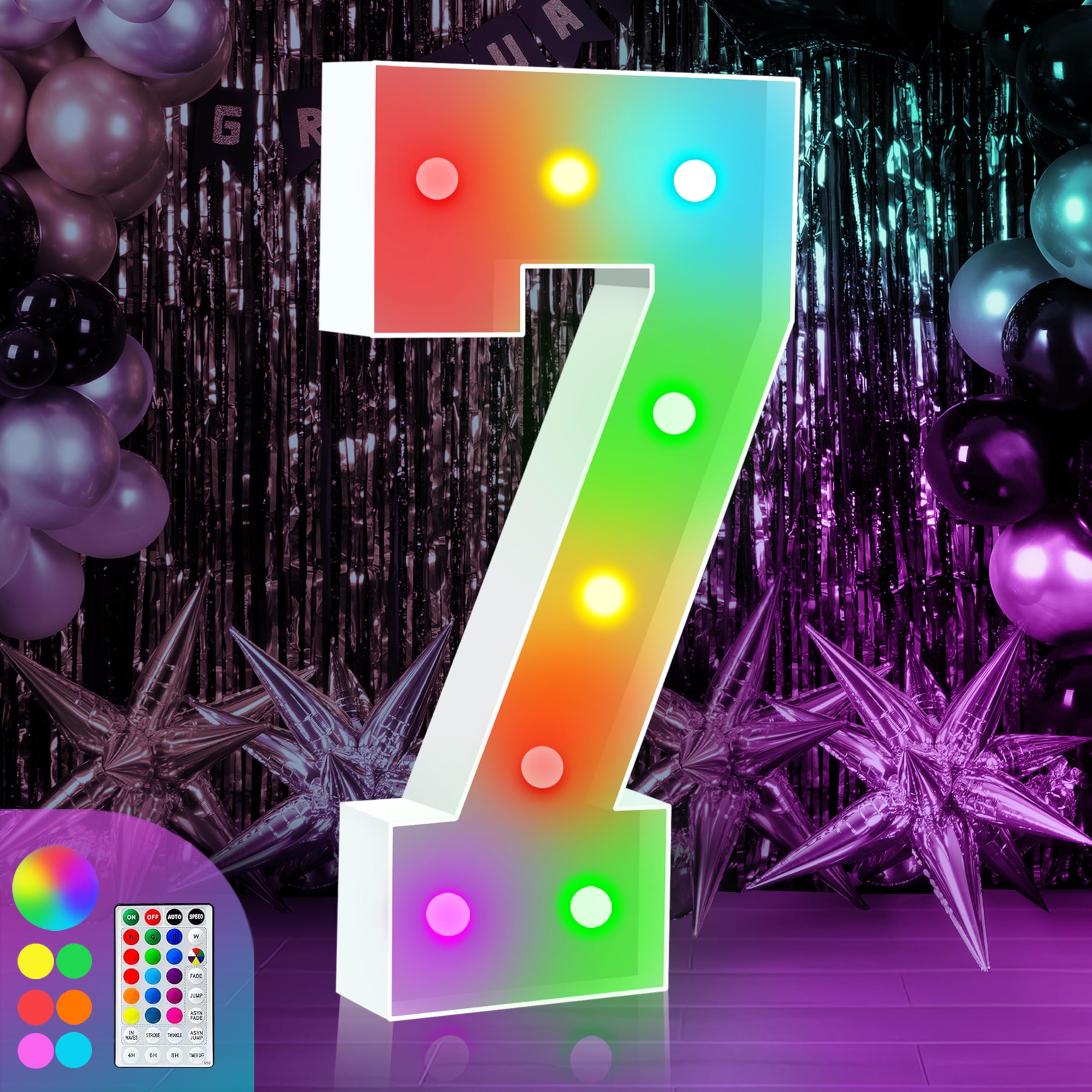 3FT Marquee Light Up Numbers Sign, Colorful Happy Birthday Light Up Number 7, 18 Color Modes with Remote, Cardboard Numbers for Birthday Anniversary