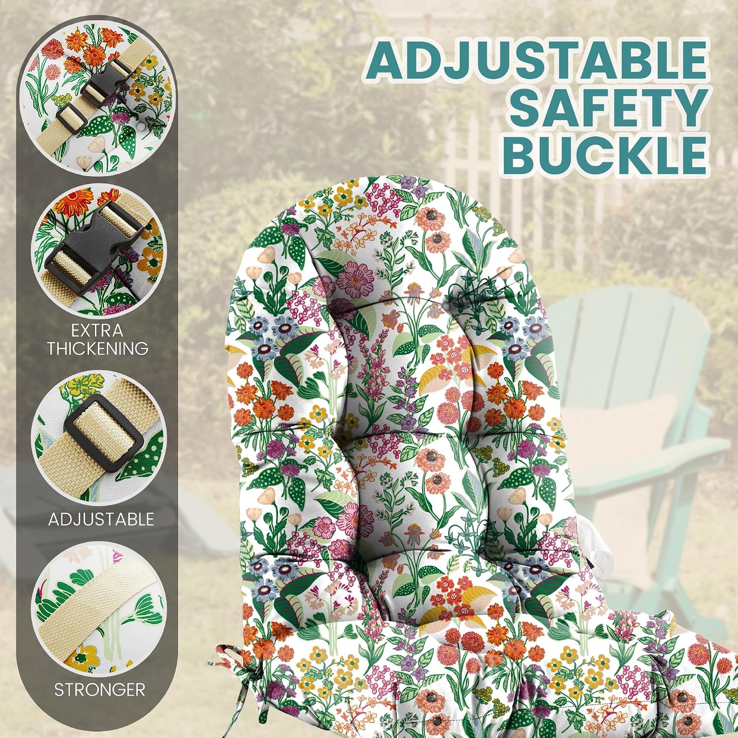 Floral High-Back Seat Cushion Set of 2 - Waterproof Outdoor Adirondack Chair Cushion for Patio Furniture with Tie, Vibrant Patterns, Premium Elastic Padding, Multi-Scenario Use