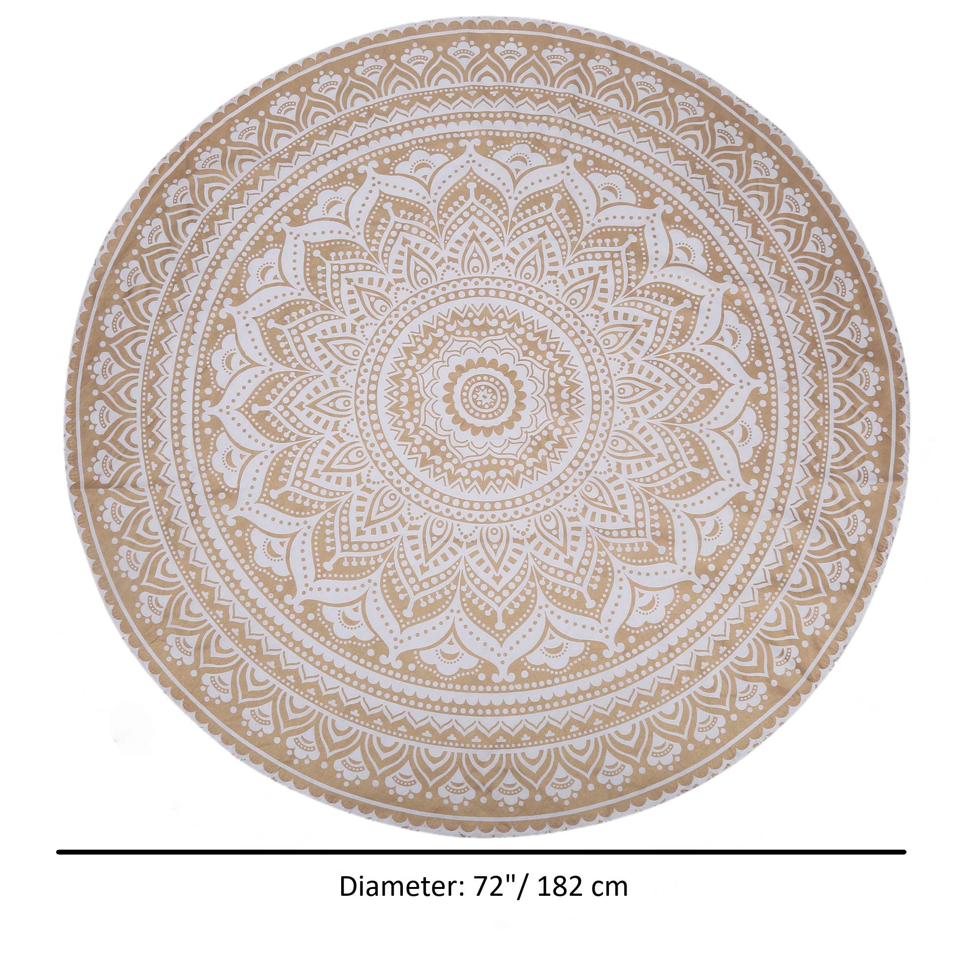 Tapis Mandala Rond 183 Cm - Coton Blanc Et Or - Style Boho Chic - Pour Pique-nique, Décoration Murale, Couvre-lit