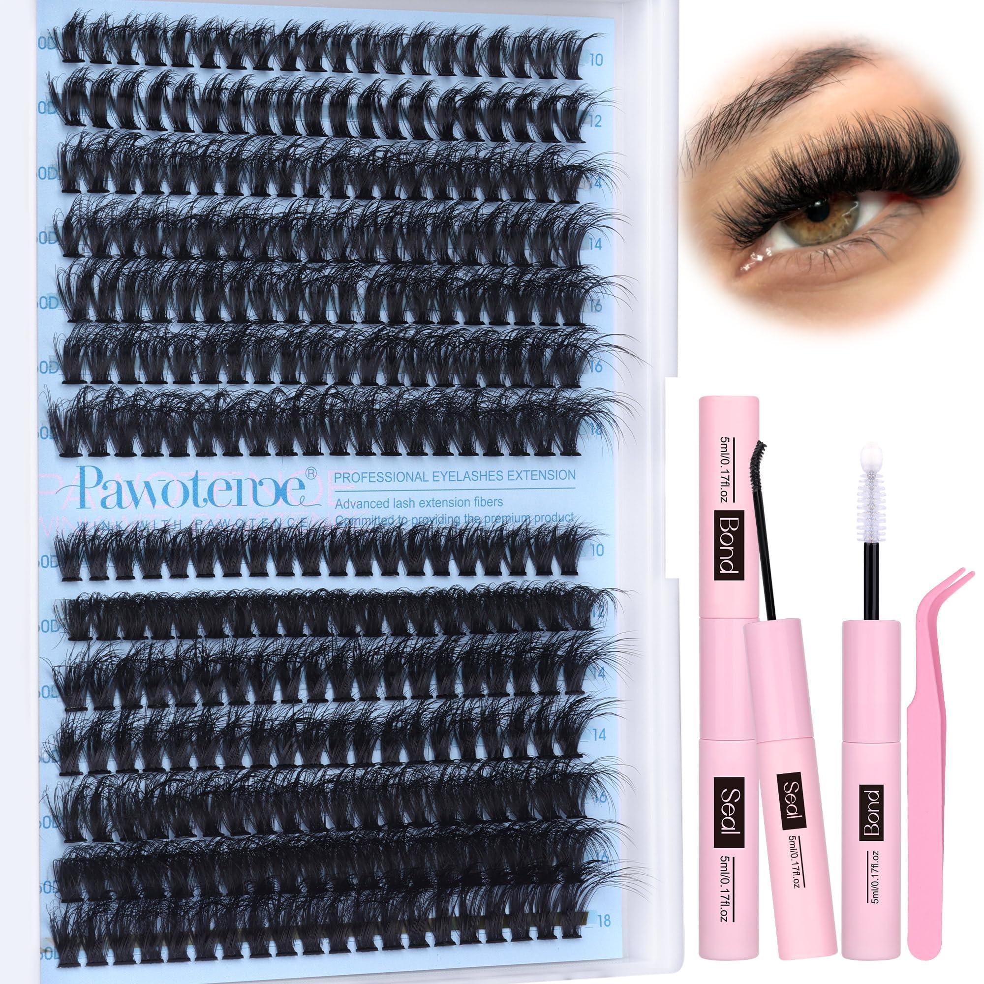 Pawotence Lash Extension Kit Lash Clusters 50D 60D Clusters Eyelash Extension Kit with Lash Bond and Seal, Lash Applicator for Self Use
