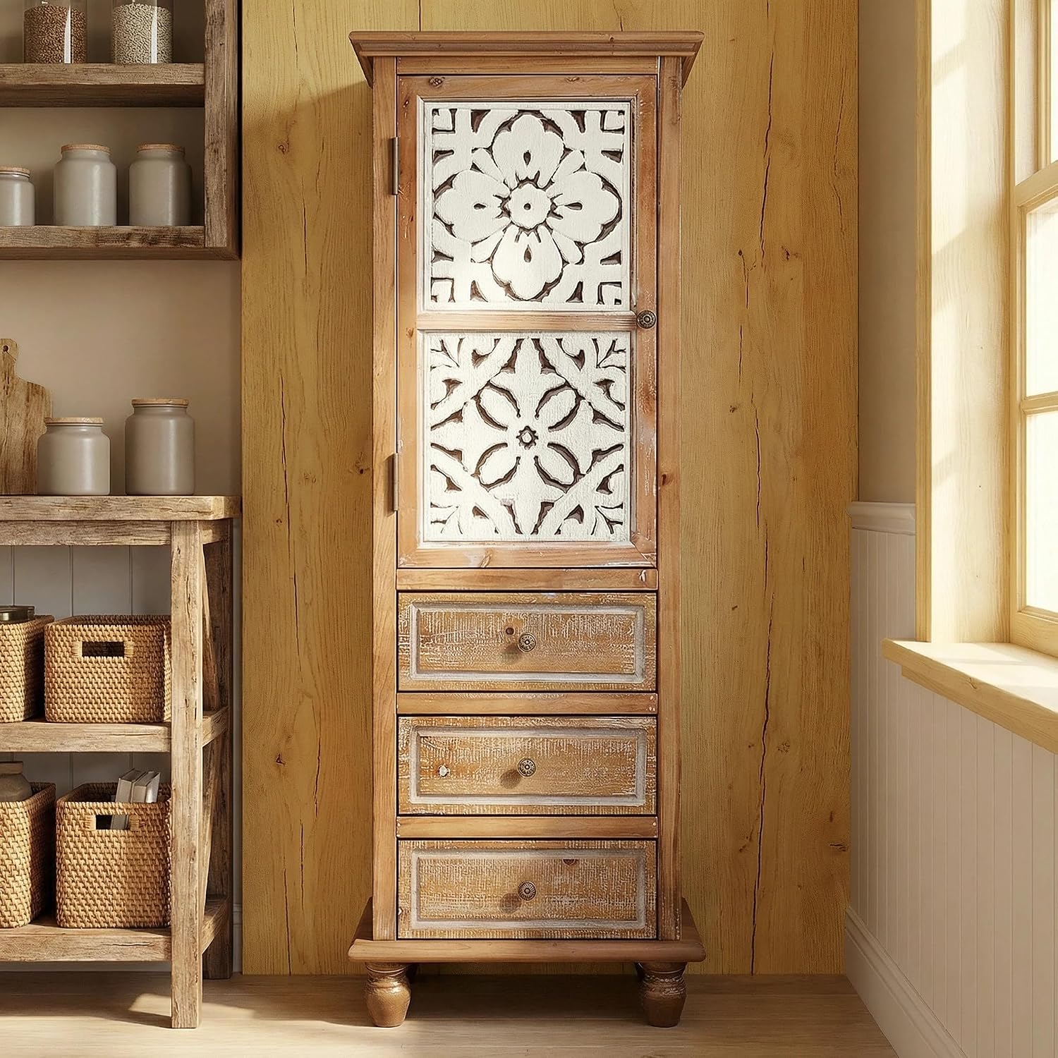 LKTART KTART 54'' Tall Kitchen Pantry Cupboard Storage Cabinet with Shelves & Drawer,French Country Narrow Accent Cabinet with Embossed Floral Metal Doors and Solid Wood Frame,Natural Wood