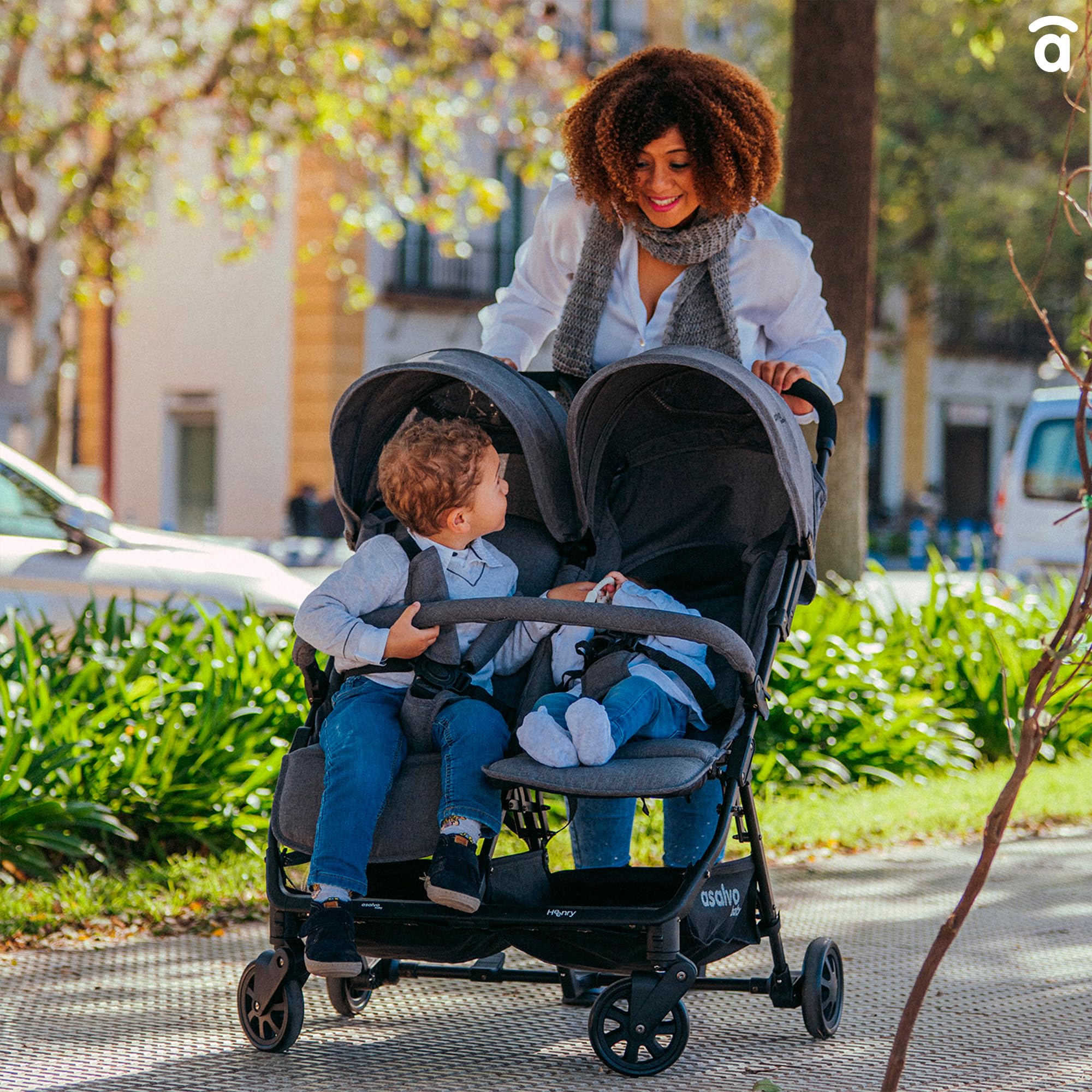 Asalvo DOUBLE HENRY Silla de paseo Doble, Cochecito doble para Gemelos y Hermanos, Ligera, Reclinable, Compacta, Plegable, Hasta 33kg, Freno trasero, Capota con ventana, Manejable, Verde