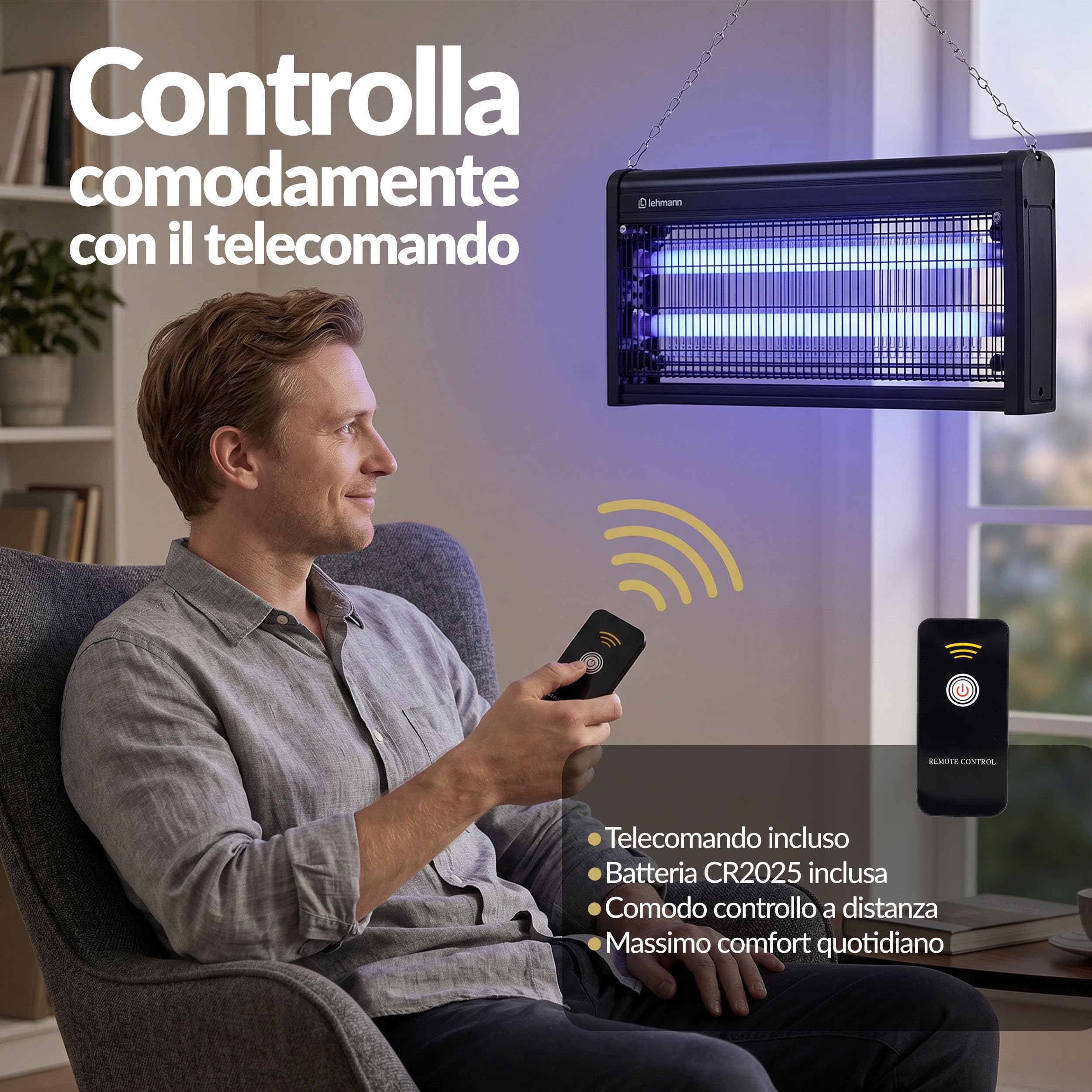 LEHMANN Lampada Antizanzare Elettrico 40W, Zanzariera Elettrica contro Insetti, Zanzare e Mosche senza Prodotti Chimici, Controllo Remoto con Telecomando, Silenziosa, Lampada Zanzare fino 400 m²