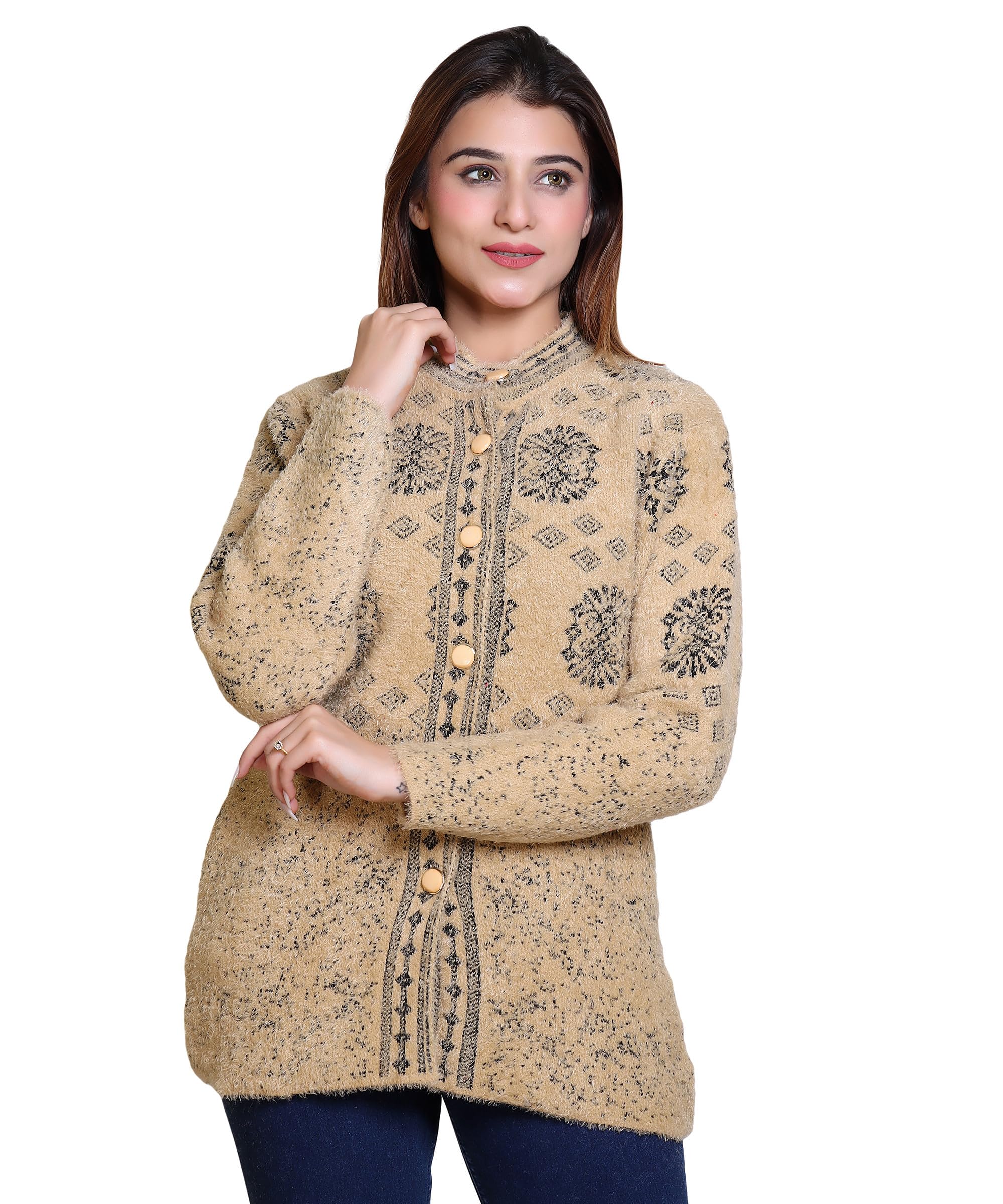 grand line Women's Woolen/Acyrlic Winter Wear Warm Full Sleeve Knitted Cardigan/Sweaters Hair Yarn Cardigan | Size Suitable for M and L | Brown-picture-10