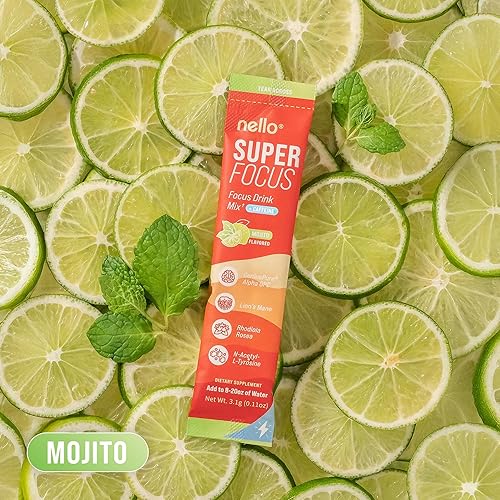 Miniatura 5 de Nello SuperFocus Mojito con cafeína, mezcla de bebida nootrópica, 20 paquetes para llevar, Alpha GPC, melena de león, rodiola, sin azúcar
