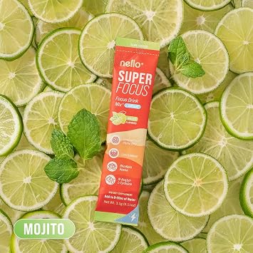 Nello Superfocus Mojito with Caffeine Nootropic Focus Drink Mix, 20 On-The-Go Packets, Alpha GPC, Lions Mane, Rhodiola, Sugar-Free