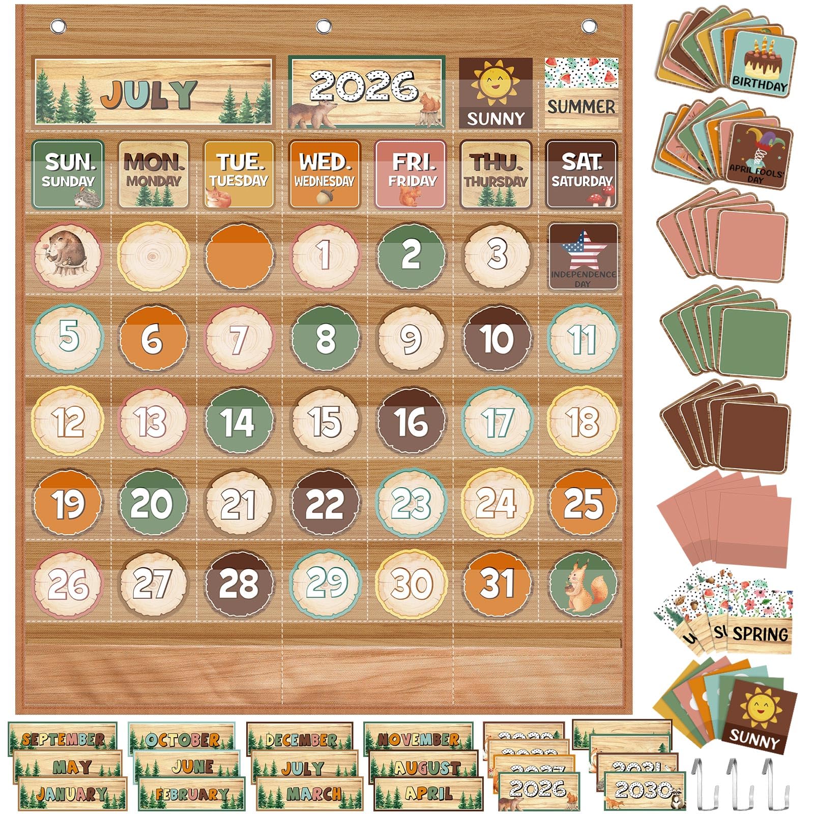 Sinload Calendario de aula, calendario de bolsillo, tablón de anuncios, temporadas, festivales, tabla de bolsillo para decoración de aula, suministros de regreso a clases (bosque)