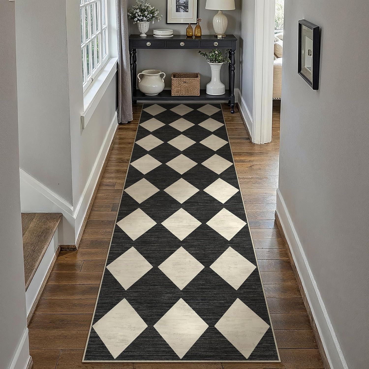 PureCozy 2x8 Runner Checkered Rug for Hallways Black Washable Long Carpet Non-Slip Low Pile Boho Indoor Accent Throw Rug for Entrance Kitchen Bedroom Dining Laundry