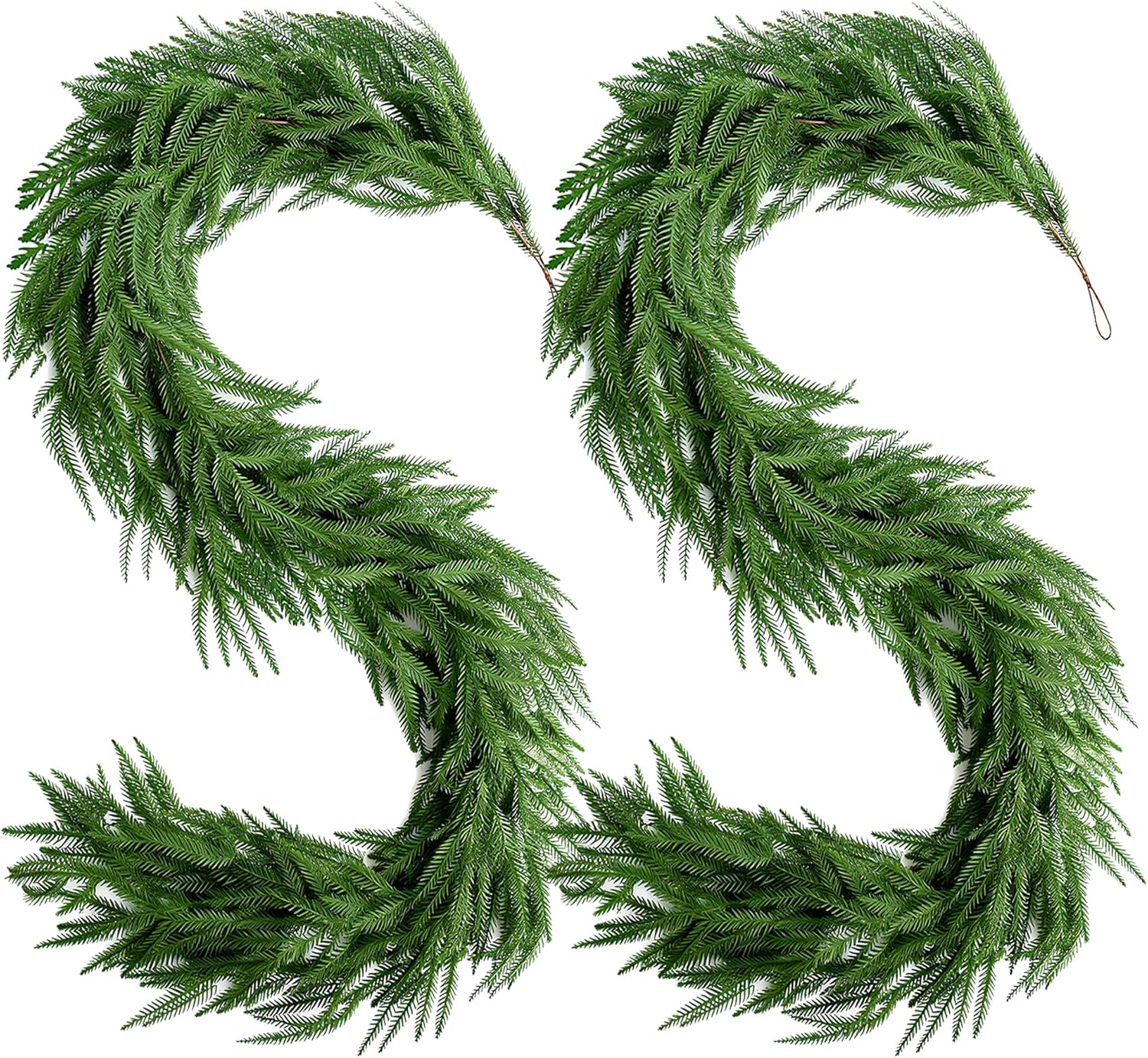 2 Pcs Christmas Norfolk Pine Garlands, 6FT Artificial Real Touch Dense Winter Greenery Garlands, Bendable Faux Vines for Fireplace Mantle, Table Runner, Front Door, Indoor Outdoor Xmas Holiday Decor