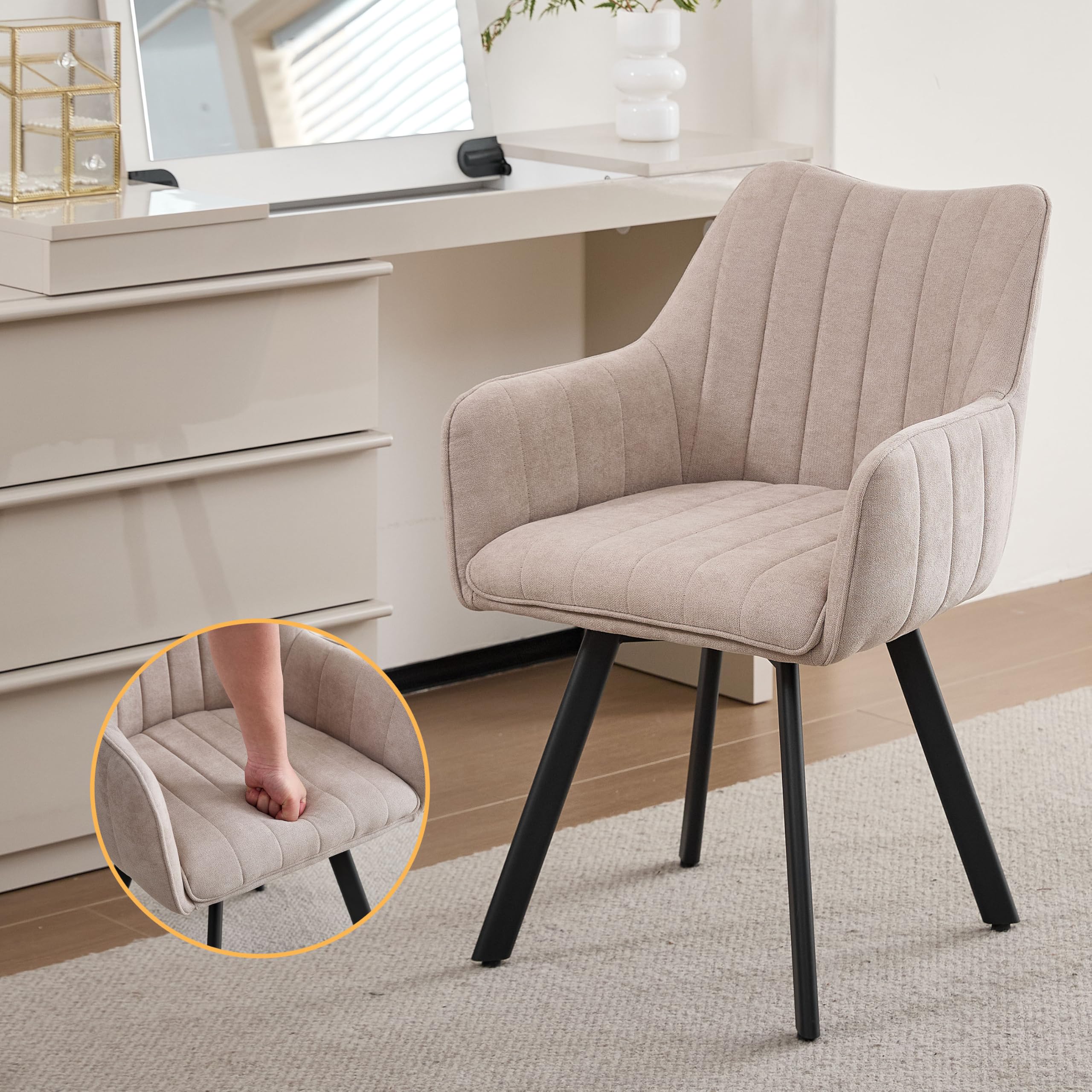 Set di 4 Sedie da Pranzo con Braccioli, Sedie da Cucina Imbottite in Lino, Gambe in Metallo Girevoli a 360°, Adatte a Sale da Pranzo, Cucine e Soggiorni, Beige