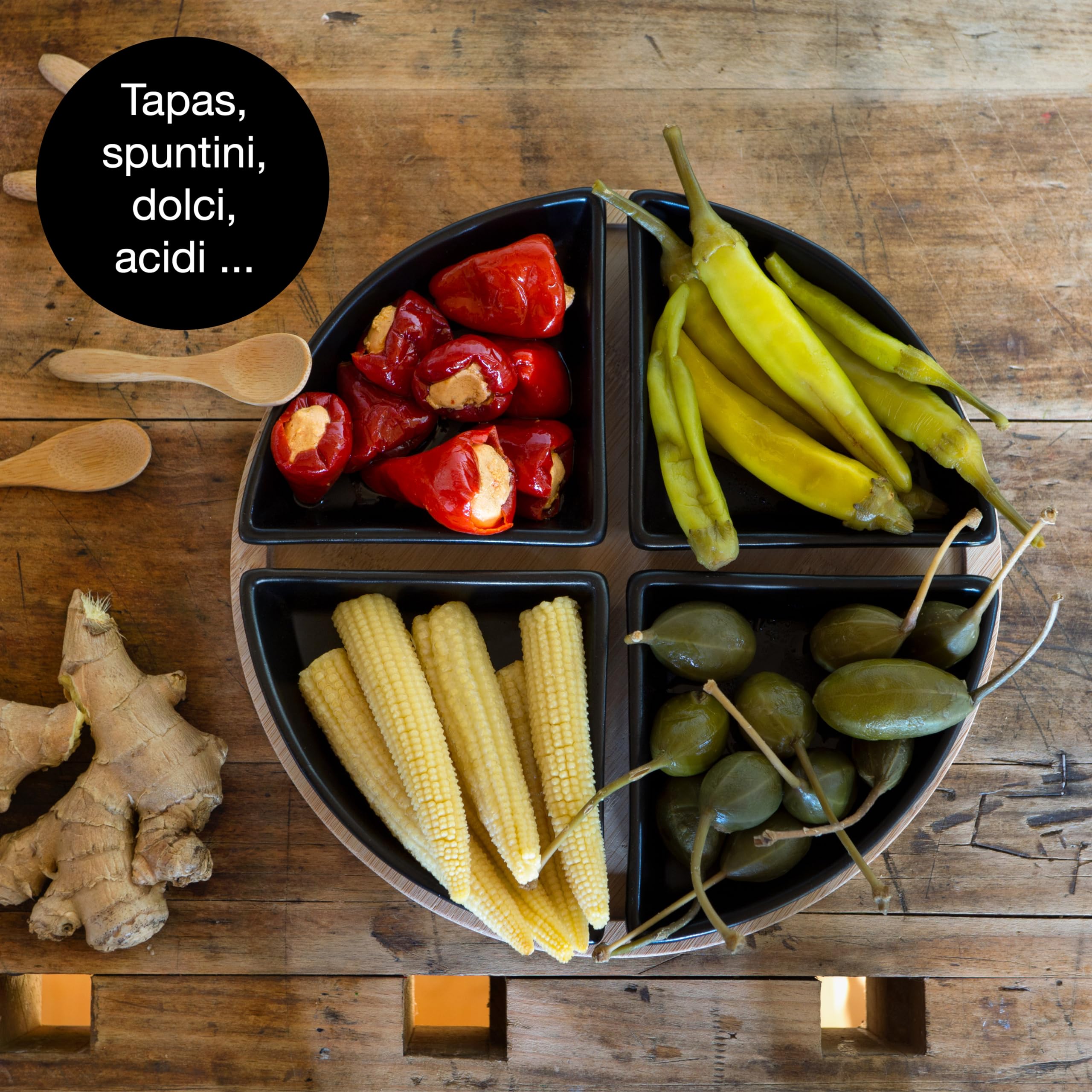 Moritz & Moritz 7 pz. Serving Set Bay Leaf - ciotole in ceramica vassoio in ardesia e cucchiaio di bambù - per salse snack antipasti dessert