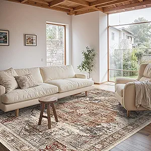 Living Room 6x9 Area Rug - Vintage Washable Rugs with Non Slip Backing Soft Stain Resistant Carpet for Bedroom Indoor Ultra-Thin Low Pile Carpets Home Decor Mat 6x9 Brick