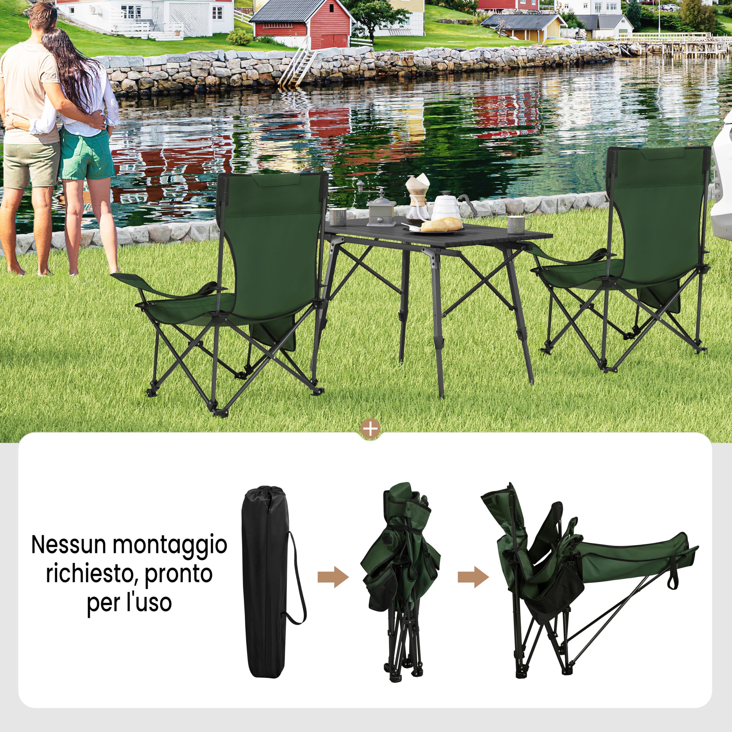 WOLTU Set di 2 Sedia da Campeggio Portatile Reclinabile, Sedia Pieghevole Esterno con Poggiapiedi, Poggiatesta e Borsa da Trasporto, per Pesca, Giardino, Verde