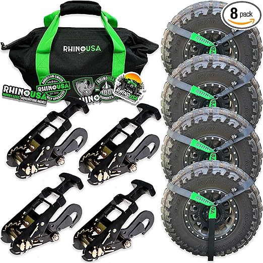 Rhino USA Car Tie Down Straps with Snap Hooks – 4 Pack 2" x8' – 10,000lbs Break Strength – Heavy Duty T-Handle Car Hauler Tire Lasso Wheel Straps for Trailers, UTV & Powersports – Black