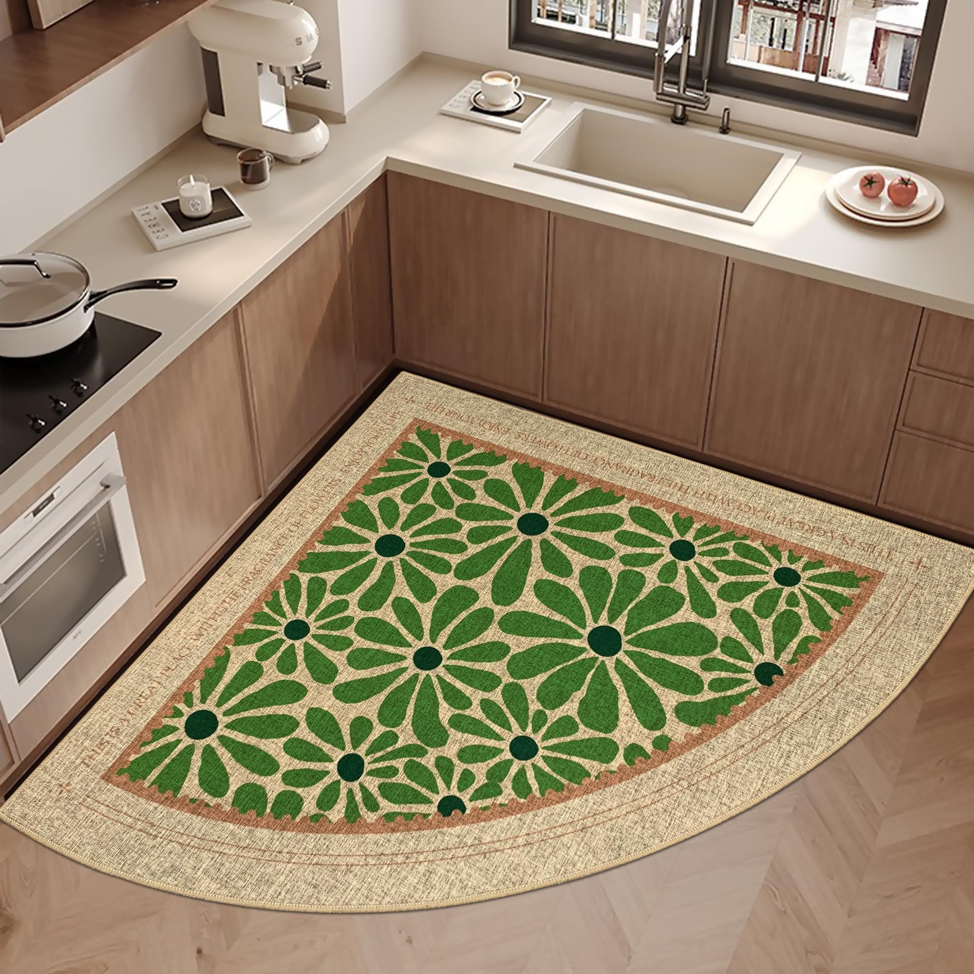 SHIYUE Tappeto angolare triangolare, lavabile, antiscivolo, in gomma morbida, per lavello, bagno e camera da letto, tappetino per lavanderia (99 cm, fiore verde)
