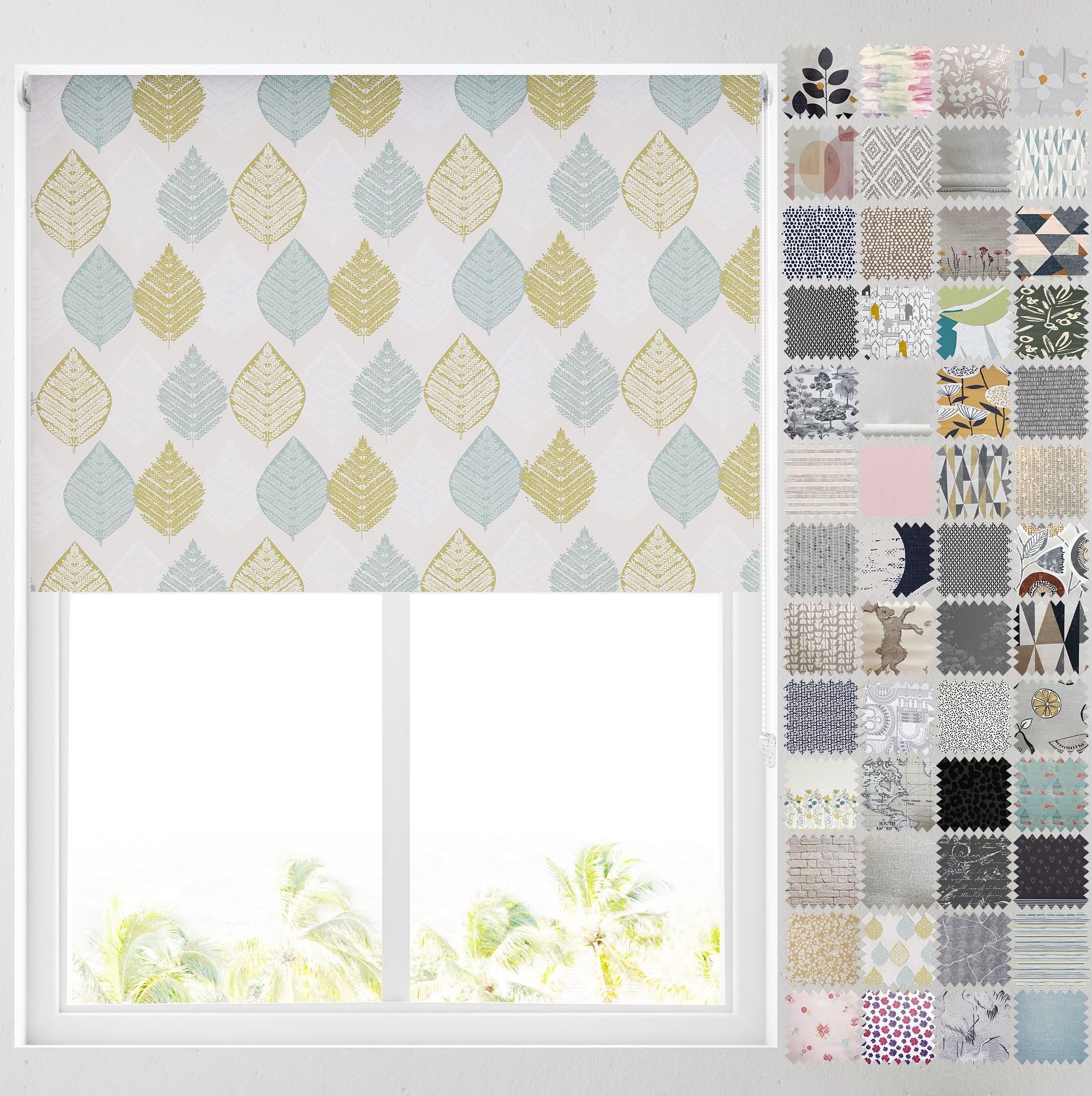 Barnes Blinds - Blackout Pattern Roller Blinds for Windows, Custom Cut to Size - Thermal Fabric Durable Fittings Easy Fit (Green Motif 91.5cm)