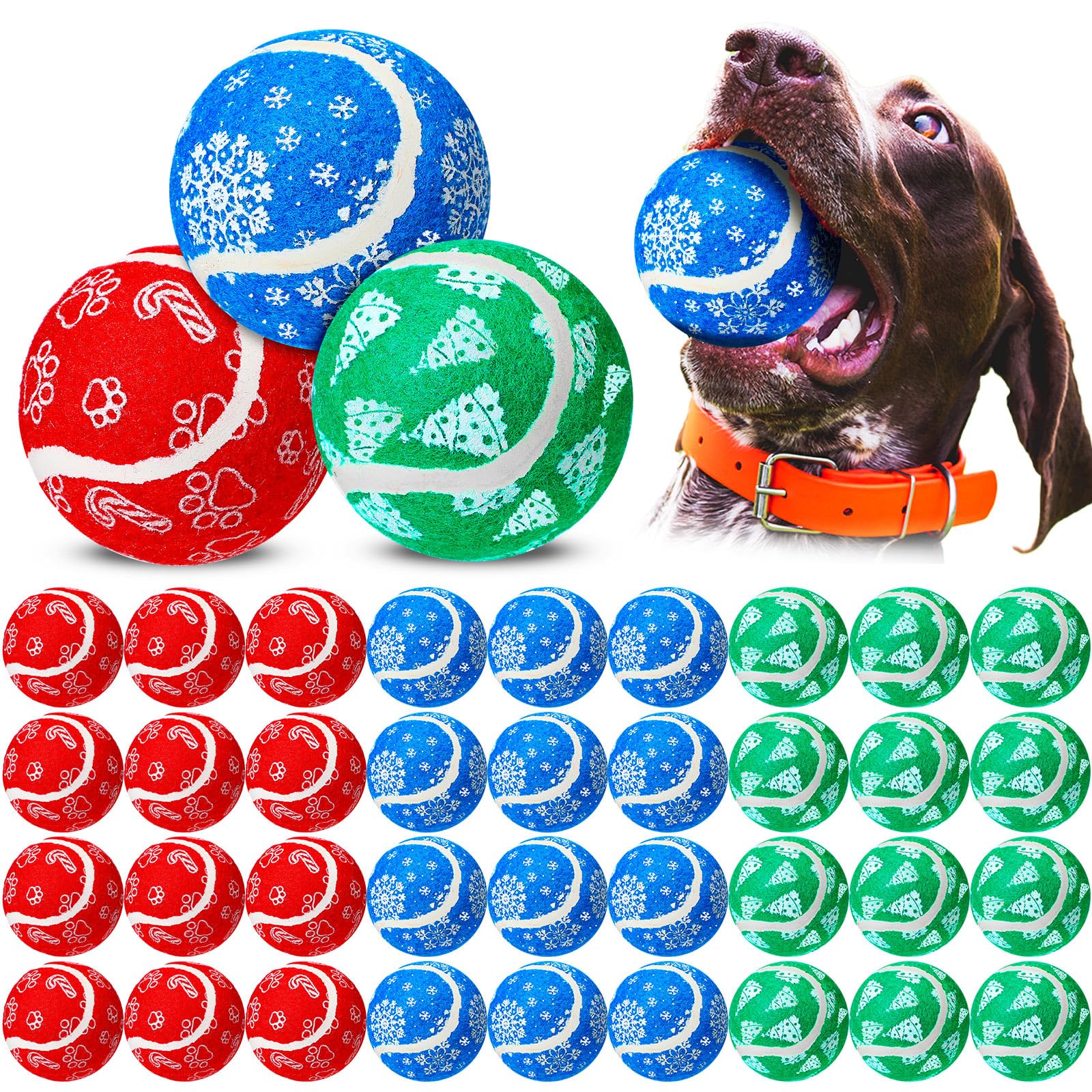 Libima 36 Stück Weihnachts-Tennisbälle für Hunde, 6,3 cm, Spielzeugball für kleine, mittelgroße und große Hunde, langlebiges Kauspielzeug für aggressive Hunde, Training, Fangen, 3 Stile