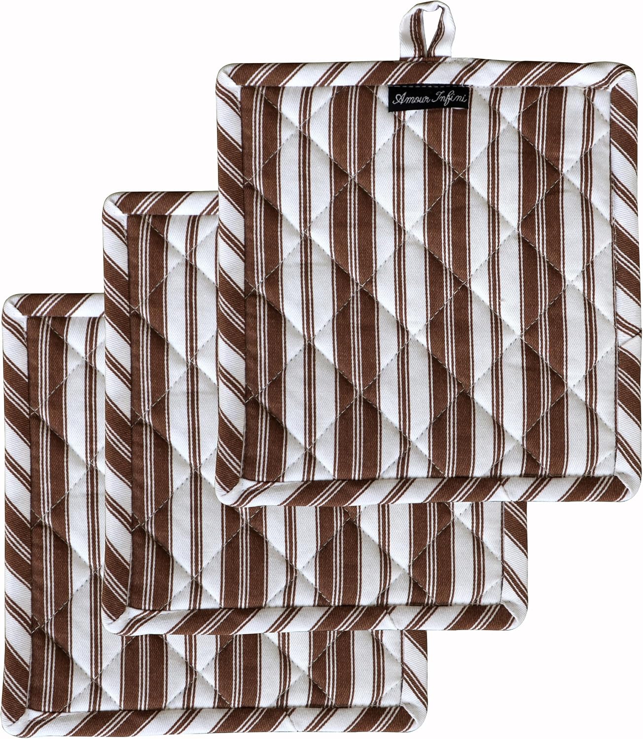 AMOUR INFINI Double Stripe Pot Holders Heat Resistant Cotton Set of 3 Nonslip 8"x8" Inch Hot Pads for Kitchen, BBQ, Baking & Cooking with Hanging Loops (Brown)