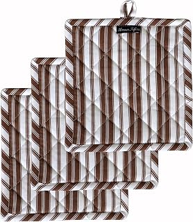 AMOUR INFINI Double Stripe Pot Holders Heat Resistant Cotton Set of 3 Nonslip 8"x8" Inch Hot Pads for Kitchen, BBQ, Baking & Cooking with Hanging Loops (Brown)