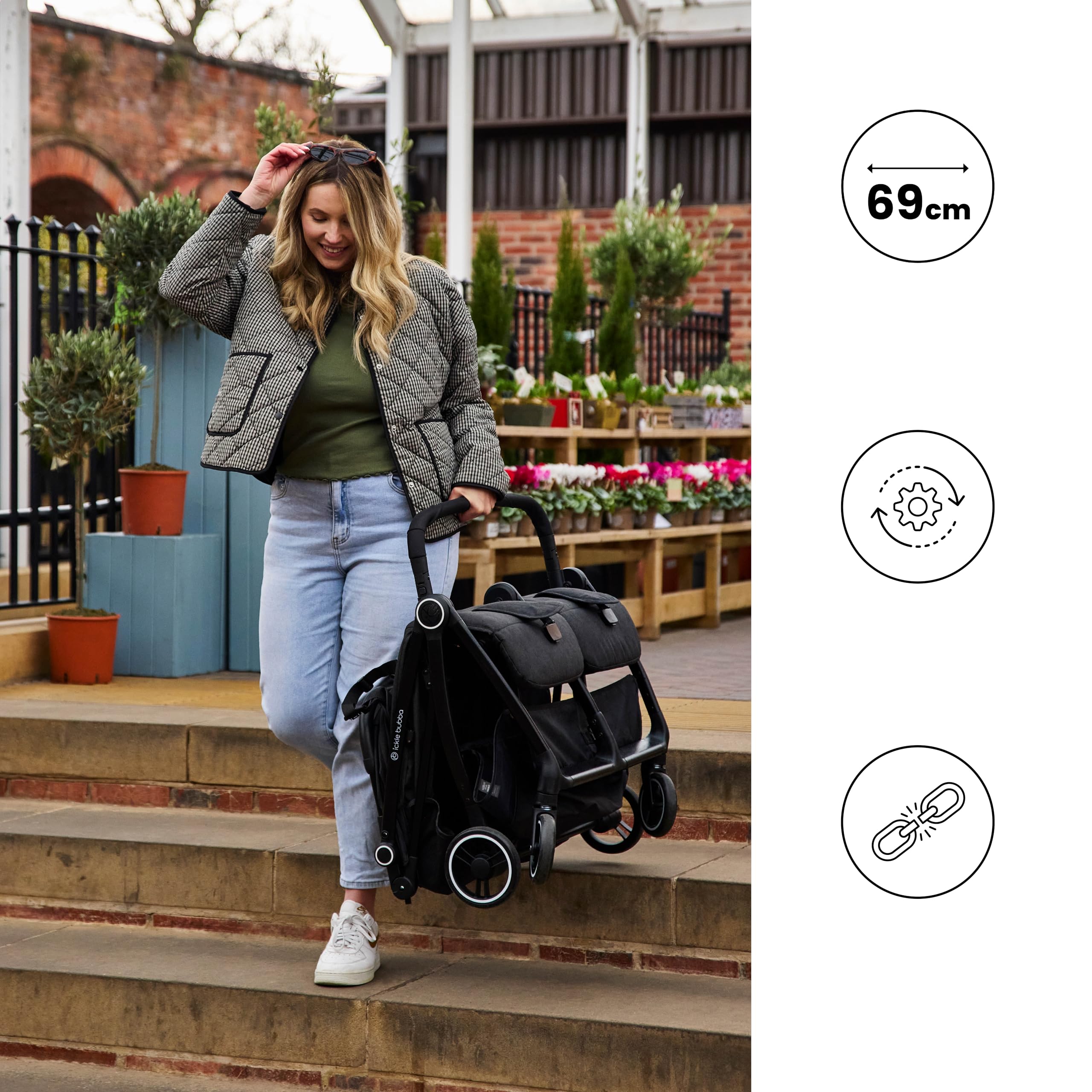 Ickle Bubba Aries Poussette double auto-pliable (gris graphite) – Poussette jumelle fine et légère de 10,5 kg, pliage automatique à une main, sièges réglables, pare-soleil ventilés, housse de pluie