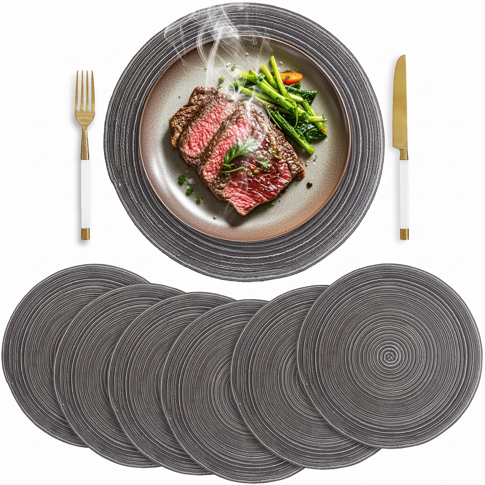 HELI MIAO Woven Placemats Set of 6, 38cm Round Table Mats, Cotton/Polyester Blend Heat Resistant Mats, Non-Slip Washable Placemats for Dining Table Kitchen Home Decor - Dark Grey