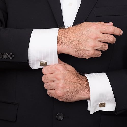 Miniatura 4 de 18K White-Gold Plated Initial Engraved Stainless Steel Mens Cufflinks With Gift Box -Personalized Alphabet Letters A-Z By Lux & Pair