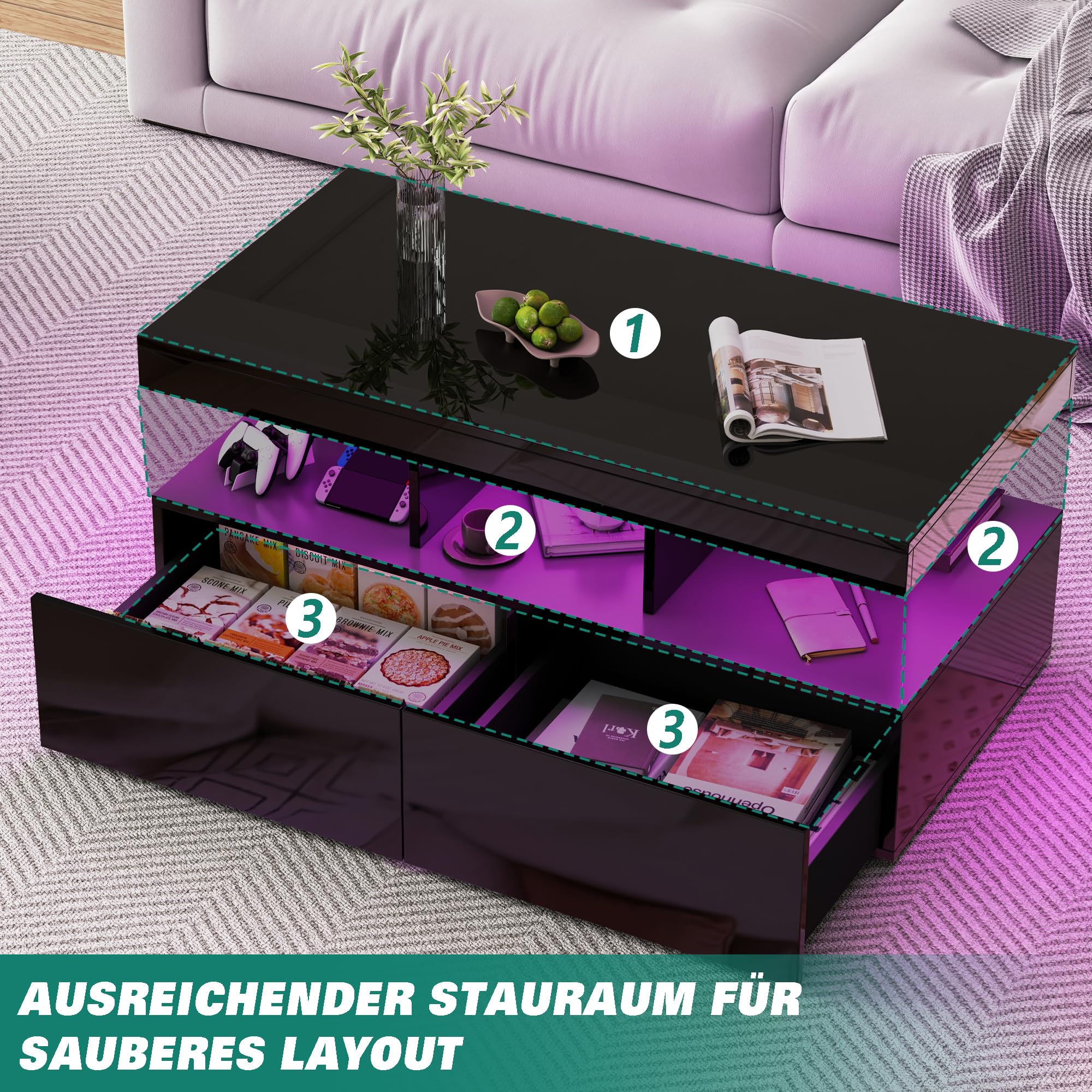 BRILVERDE mesa de centro de alto brillo, salón con LED de 16 colores y 2 cajones, sofá moderno con almacenamiento, auxiliar con 5 estantes (negro, 104 x 53 x 46 cm)