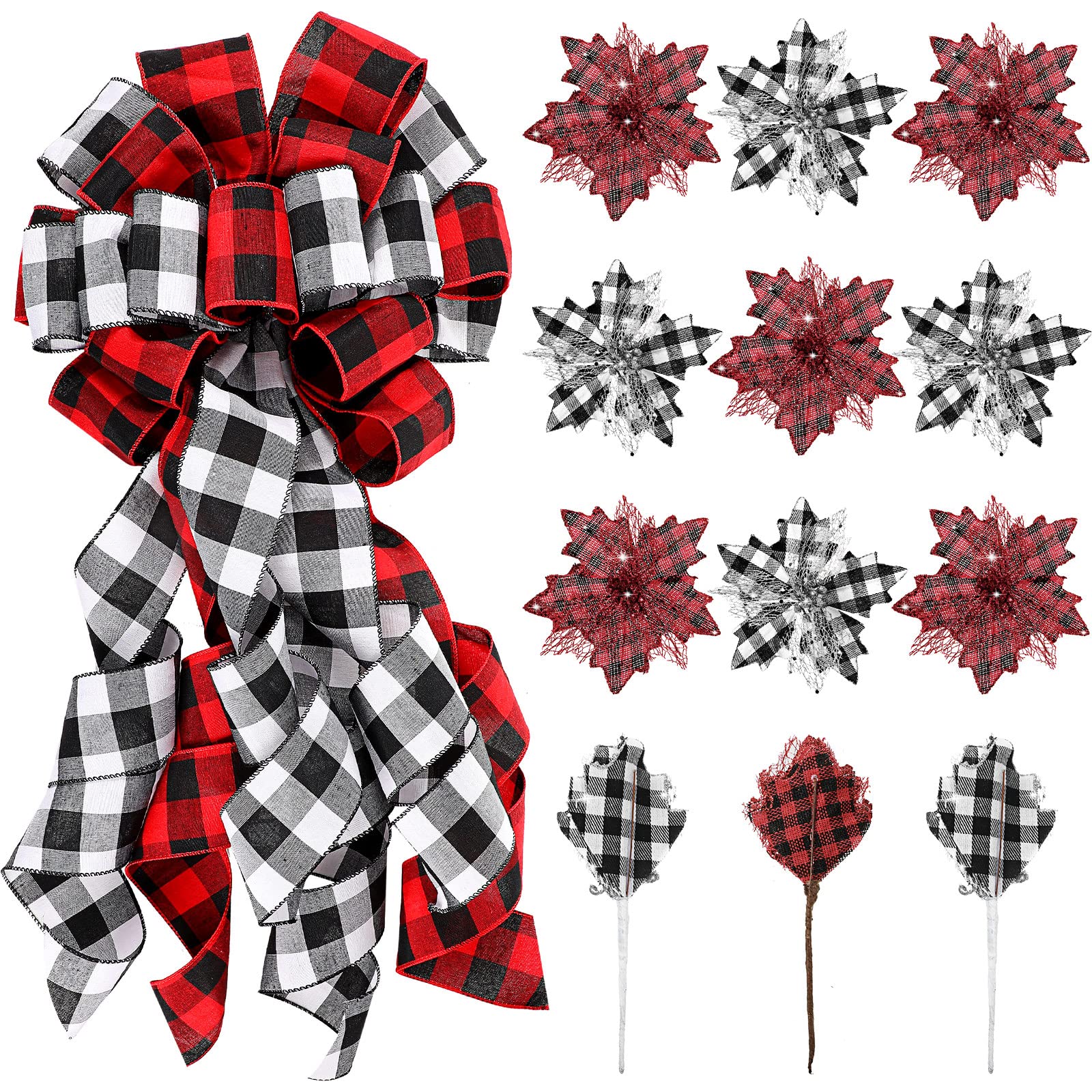 Nœud Topper de Sapin de Noël Large Ornements d'arbre de Noël Suspendus Décoratifs et 6,7 Pouces Fleurs de Noël Artificielles (Carreaux Rouges Noirs et Carreaux Noirs Blancs, 13 x 30 Pouces)