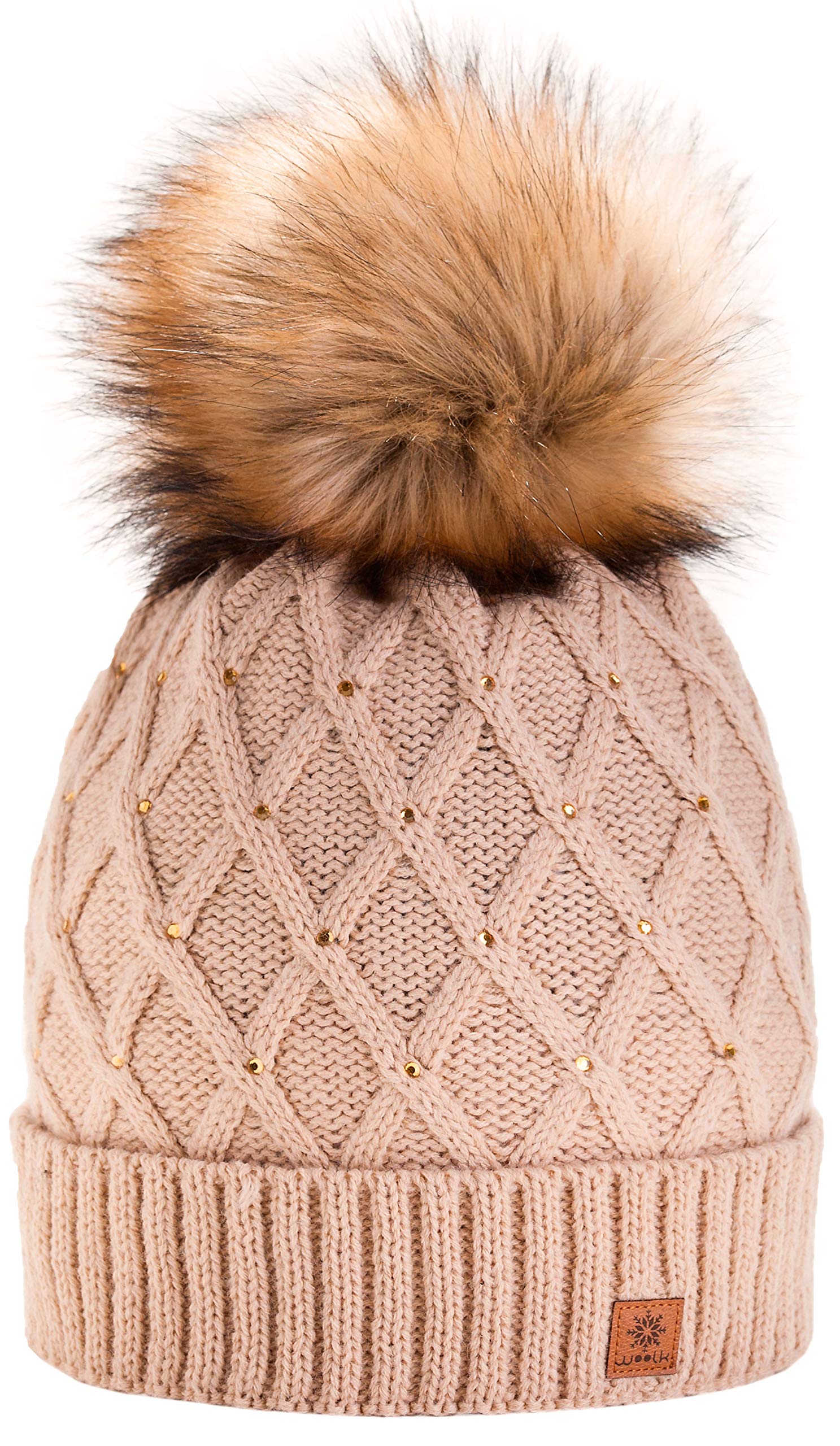 Mfaz Morefaz Ltd Women's Beige Morefaz Girls Winter Beanie Hat Wool Knitted Crystal With Large Pom Pom Cap Ski Snowboard Hats (Beige) Mfaz Ltd