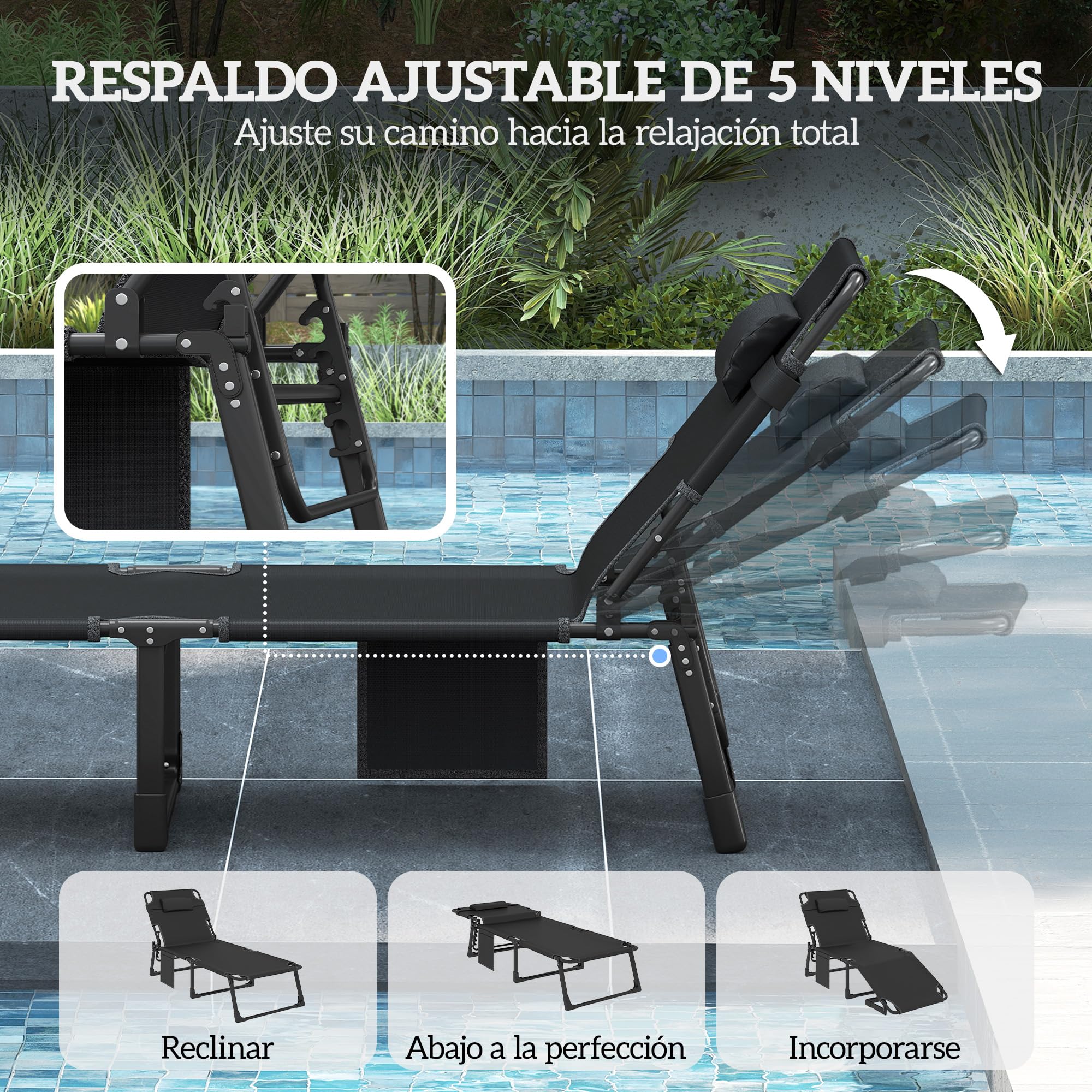 Outsunny Set de 2 Tumbonas Jardín Exterior Plegables Cojines Azul | Respaldo Reclinable 5 Posiciones, Asiento Extra Ancho de Textilene, Bolsillo Lateral, Reposacabezas, para Playa