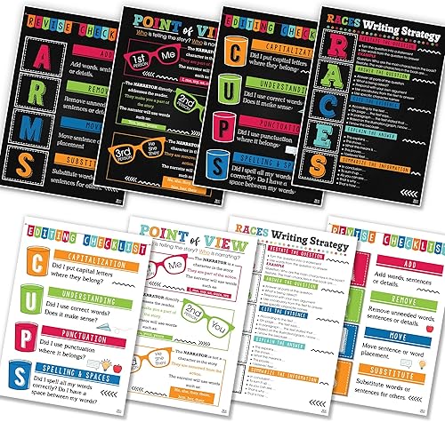 8 pósteres coloridos de estrategia de escritura, 4 piezas de escritura en inglés, decoración de aula de inglés para escuela secundaria