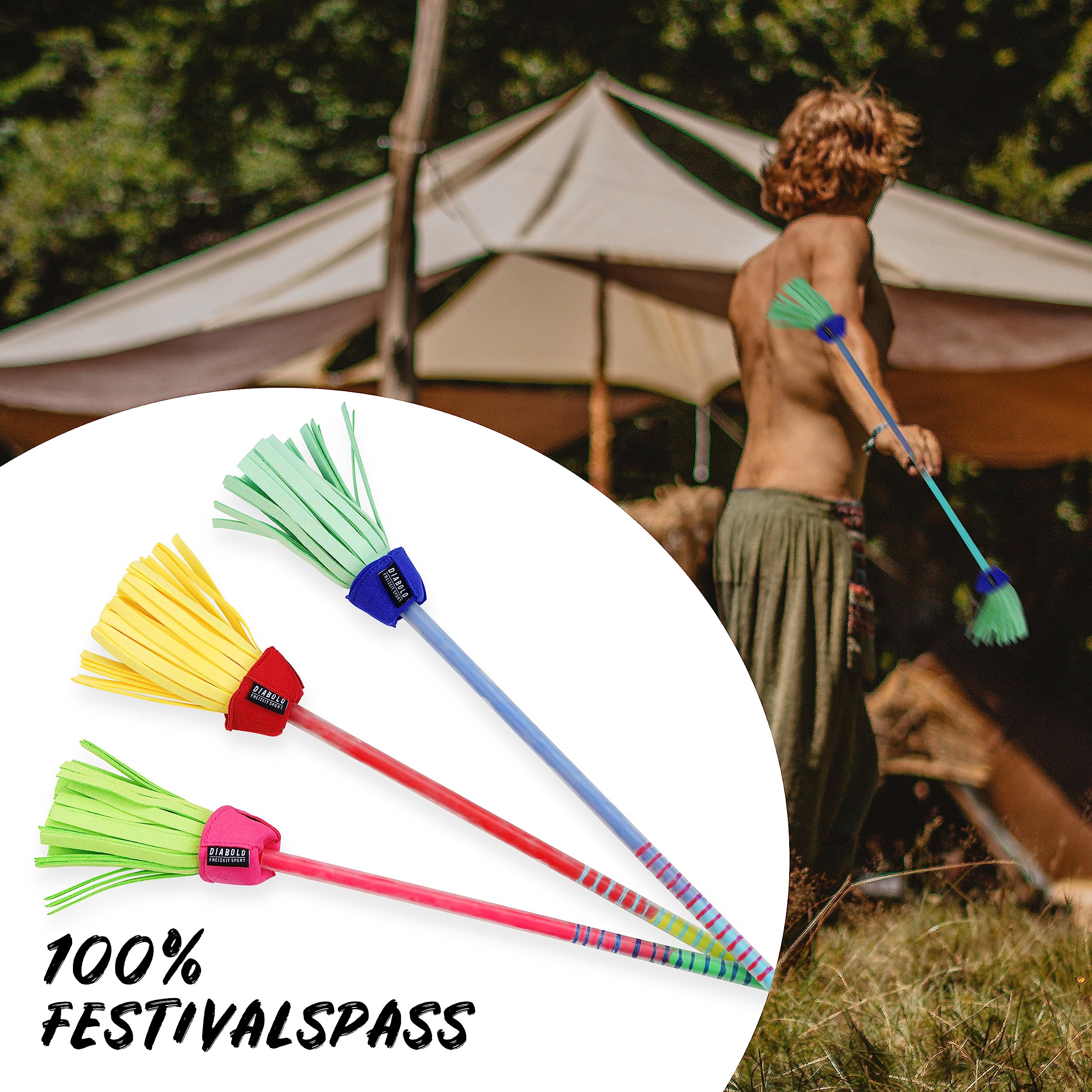 Diabolo Freizeitsport Flowerstick Pro Fiberglas UV reaktiv handbemalt blau-türkis