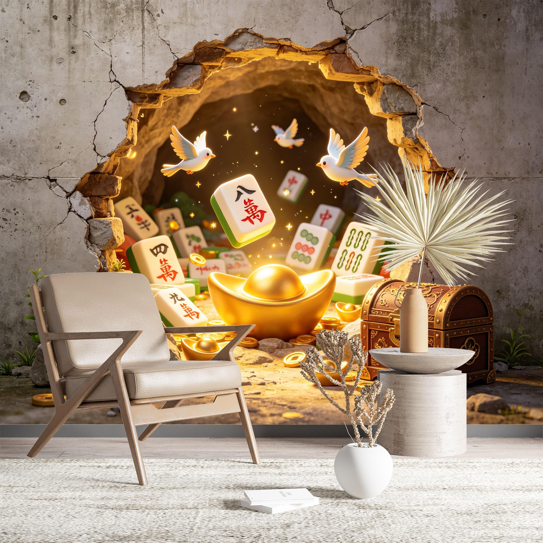Custom Size Wall Murals Mahjong Gold Treasure Through Cracked Wall Self-Adhesive Wall Fabric (NO PVC) Removable Wallpaper for Living Room Home Decor