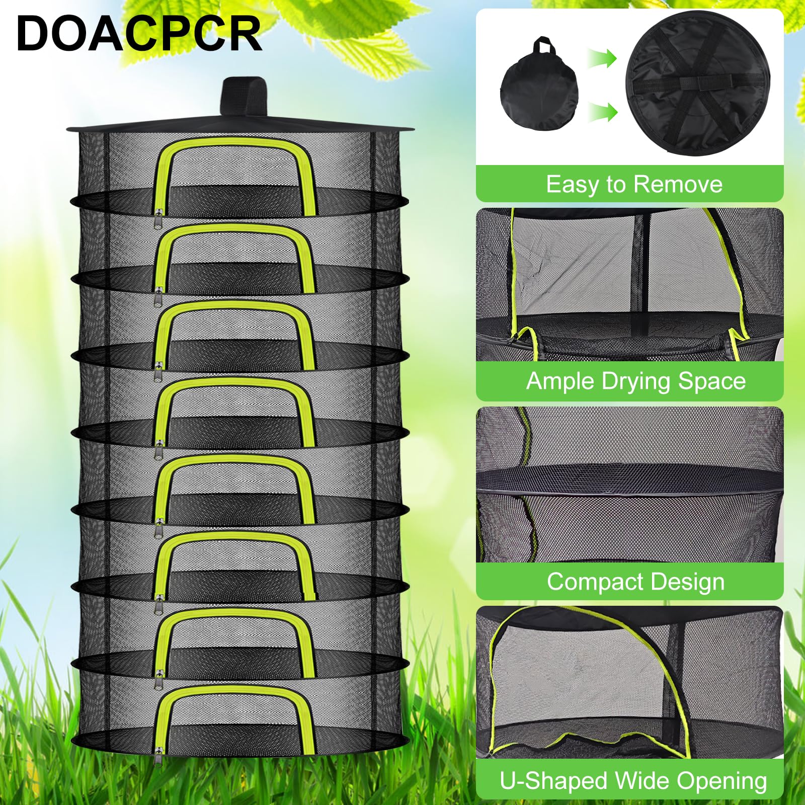 Estante de secado de hierbas de 8 capas, red de malla colgante, estante plegable para secar plantas con cremallera en forma de U, tijeras y ganchos para recortar jardín, para secar hierbas, plantas