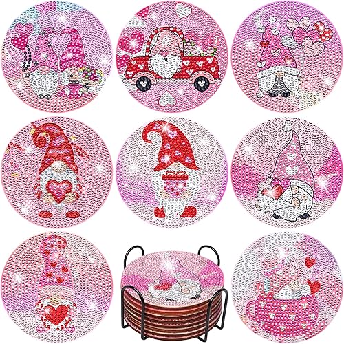 XEFINAL 8 posavasos de pintura de diamantes para el día de San Valentín posavasos de pintura de diamantes con soporte de hierro kit de pintura de