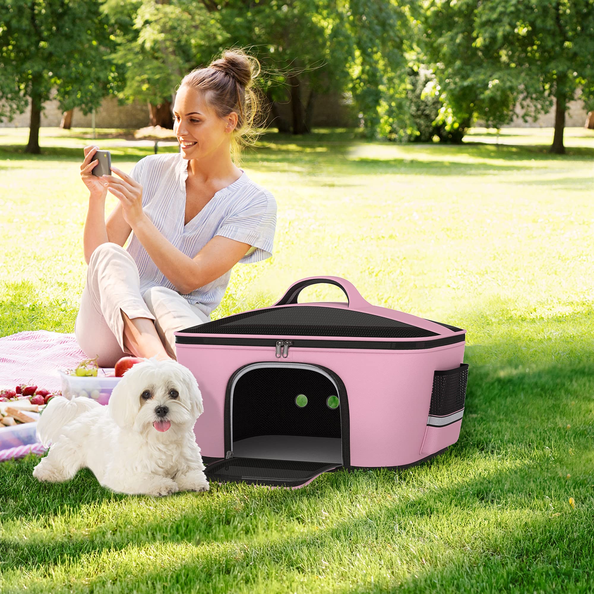 PawHut Trasportino per Gatti e Cani con 2 Porte a Cerniera, Borsa per Cani con Tasche e Cuscino, 50x35x36cm, Rosa