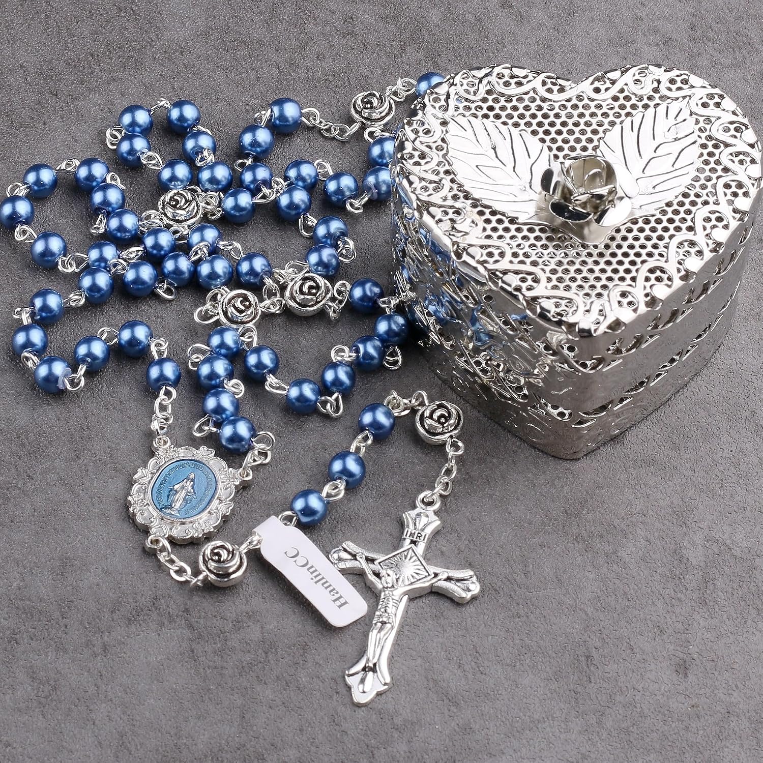 HanlinCC 6mm Glass Pearl Beads Catholic Rosary Necklace with Metal Heart Rose Gift Box
