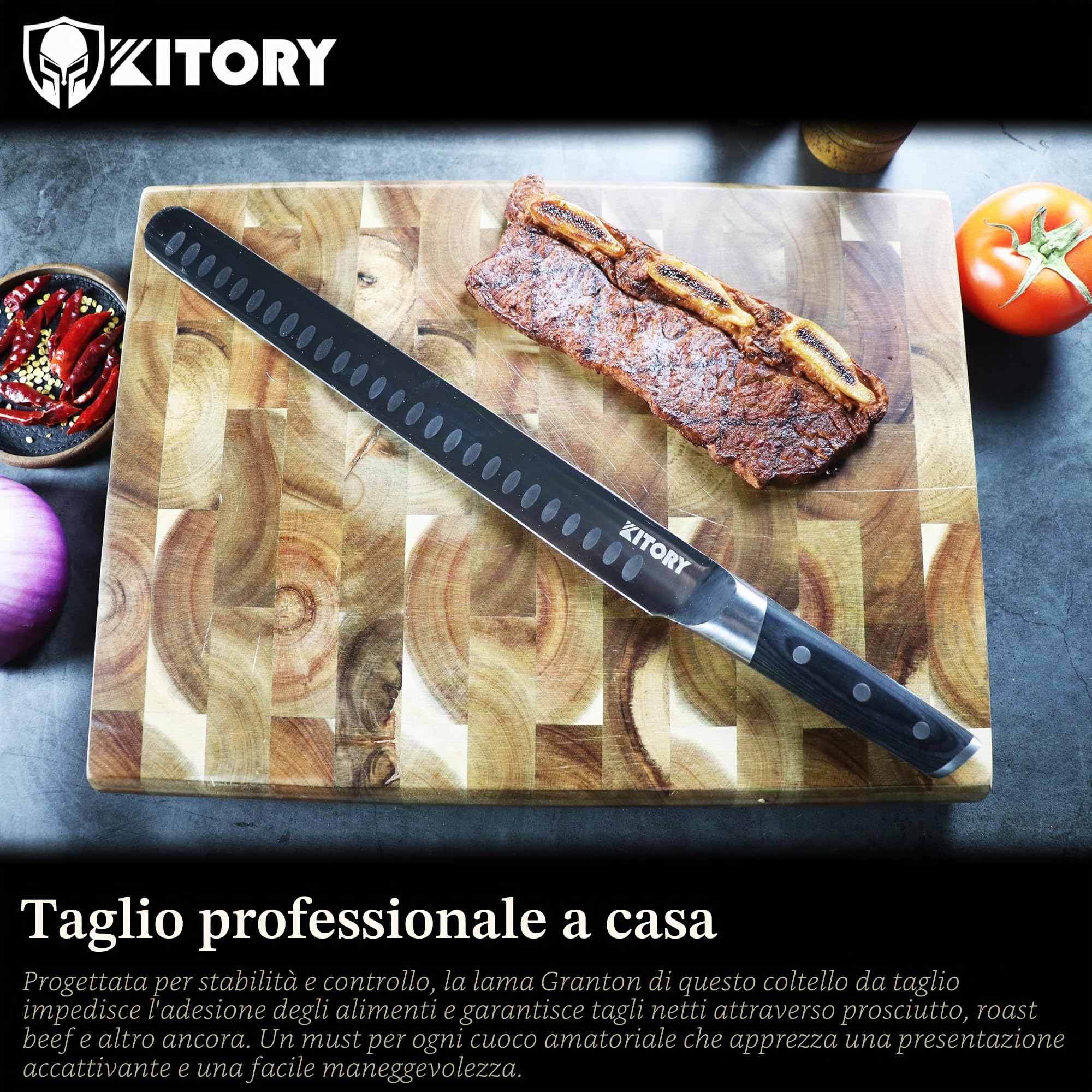Kitory Coltello da Prosciutto da 30 cm, Coltello da Brisket in Acciaio Inossidabile Tedesco di alta qualità con manico ergonomico in legno di pakka e confezione regalo
