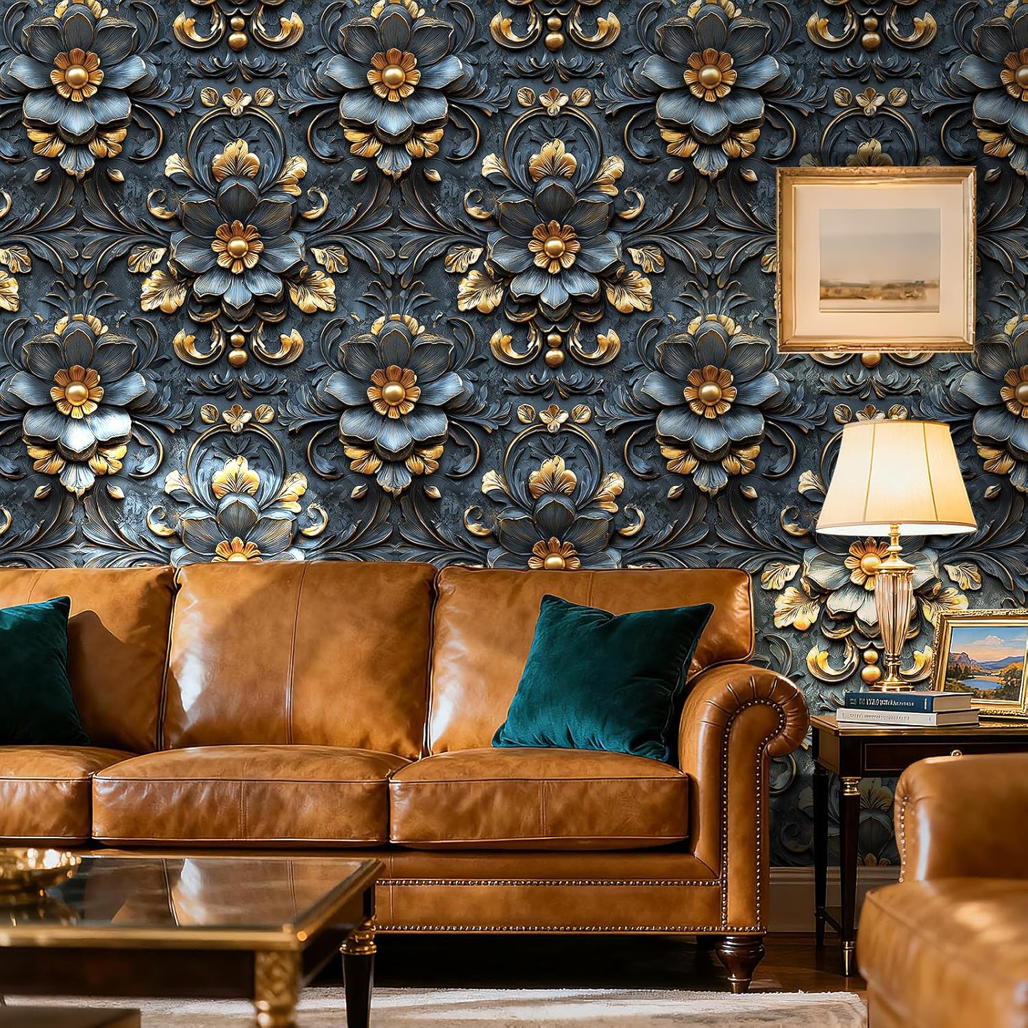 FunStick 17.5"x354" Vintage Dark 3D Floral Peel and Stick Wallpaper Faux Embossed Flower Blue Wallpaper for Living Room Ceiling Wall Covering Panels Removable Blue and Gold Contact Paper for Cabinets