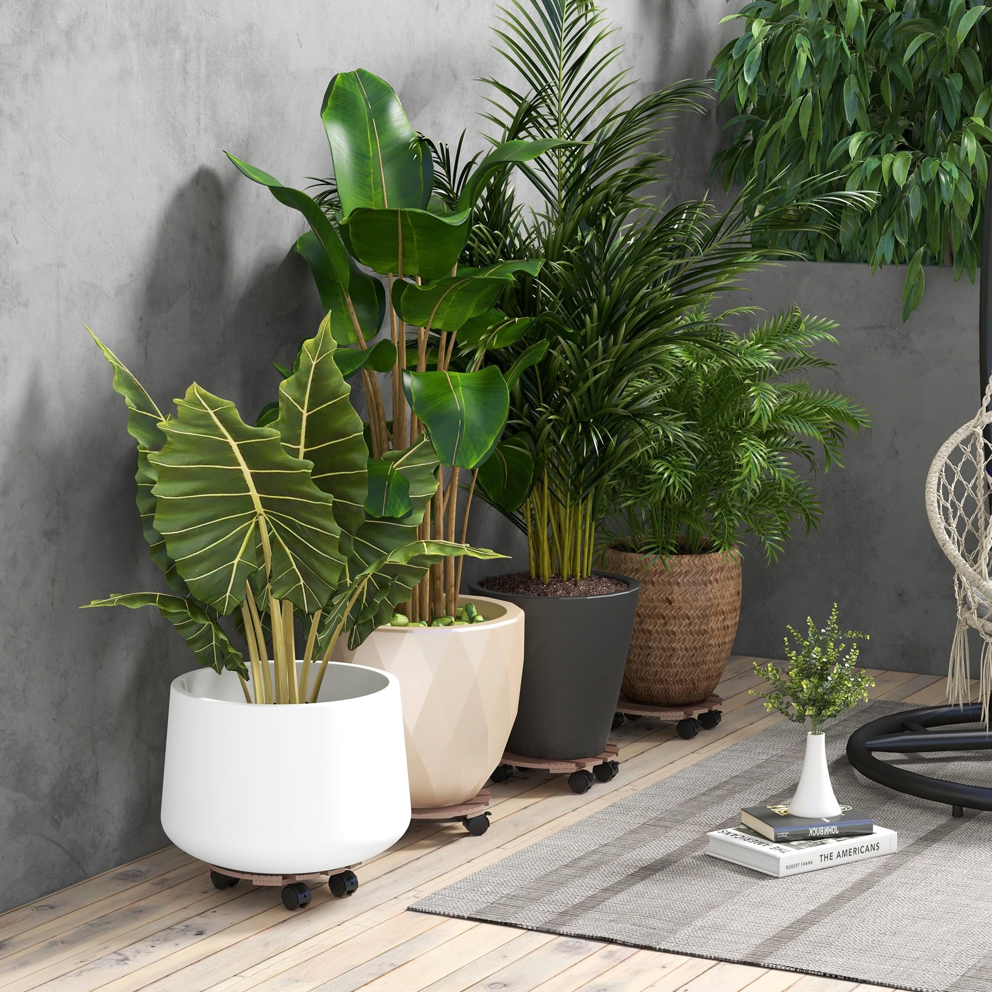 Outsunny Lot de 4 Supports Ronds pour Plantes, Porte Plante à roulettes | Support pour Pot de Fleurs, pour Intérieur et Extérieur
