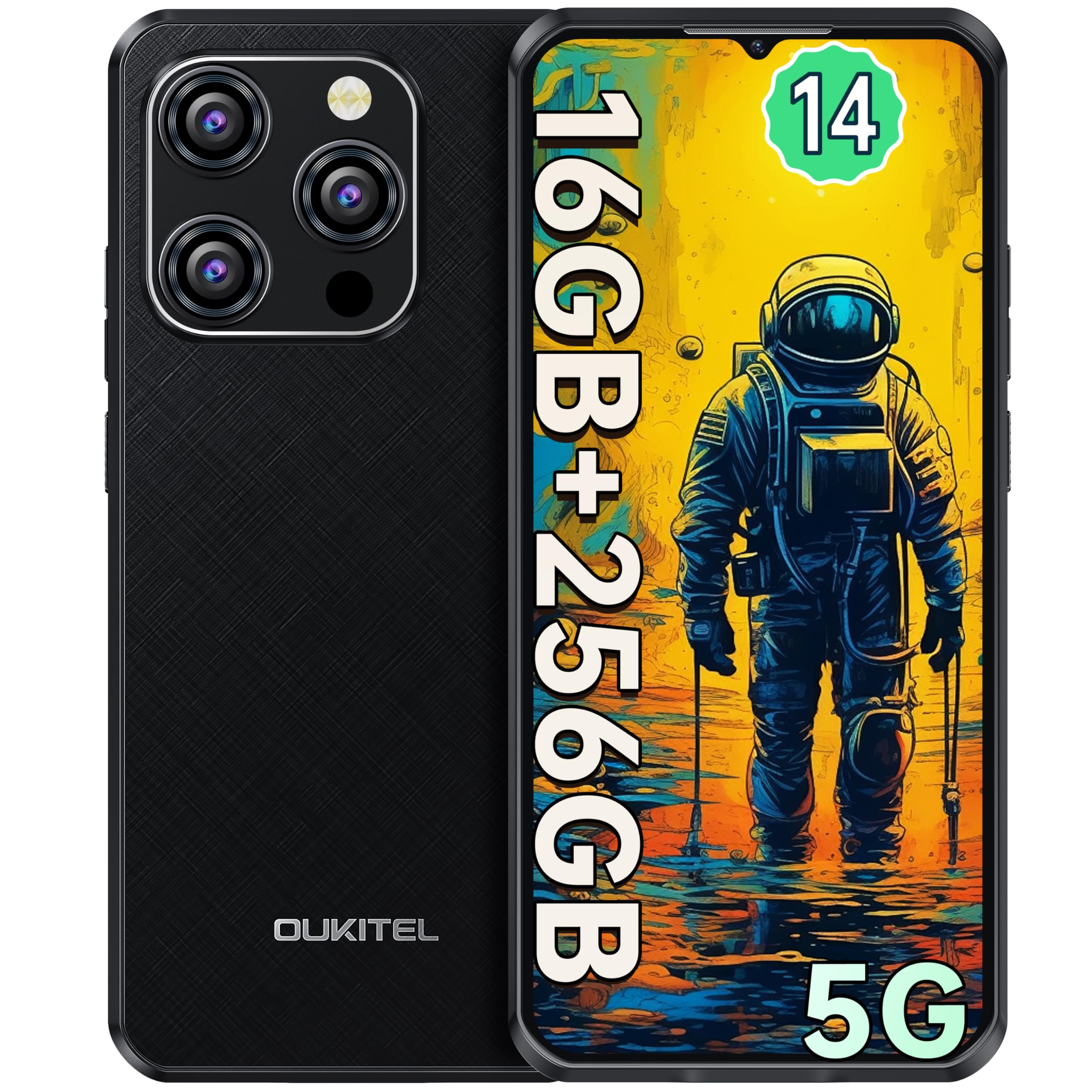 OUKITEL WP52 5G Rugged Smartphone 2024-16 GB + 256 GB Android 14 Telefono Indistruttibile 6.58" FHD+ MTK 6100+ Telefono Rugged Impermeabile 6500mAh/18W - 48MP+8MP Dual SIM/IP68/NFC/OTG/GPS Nero