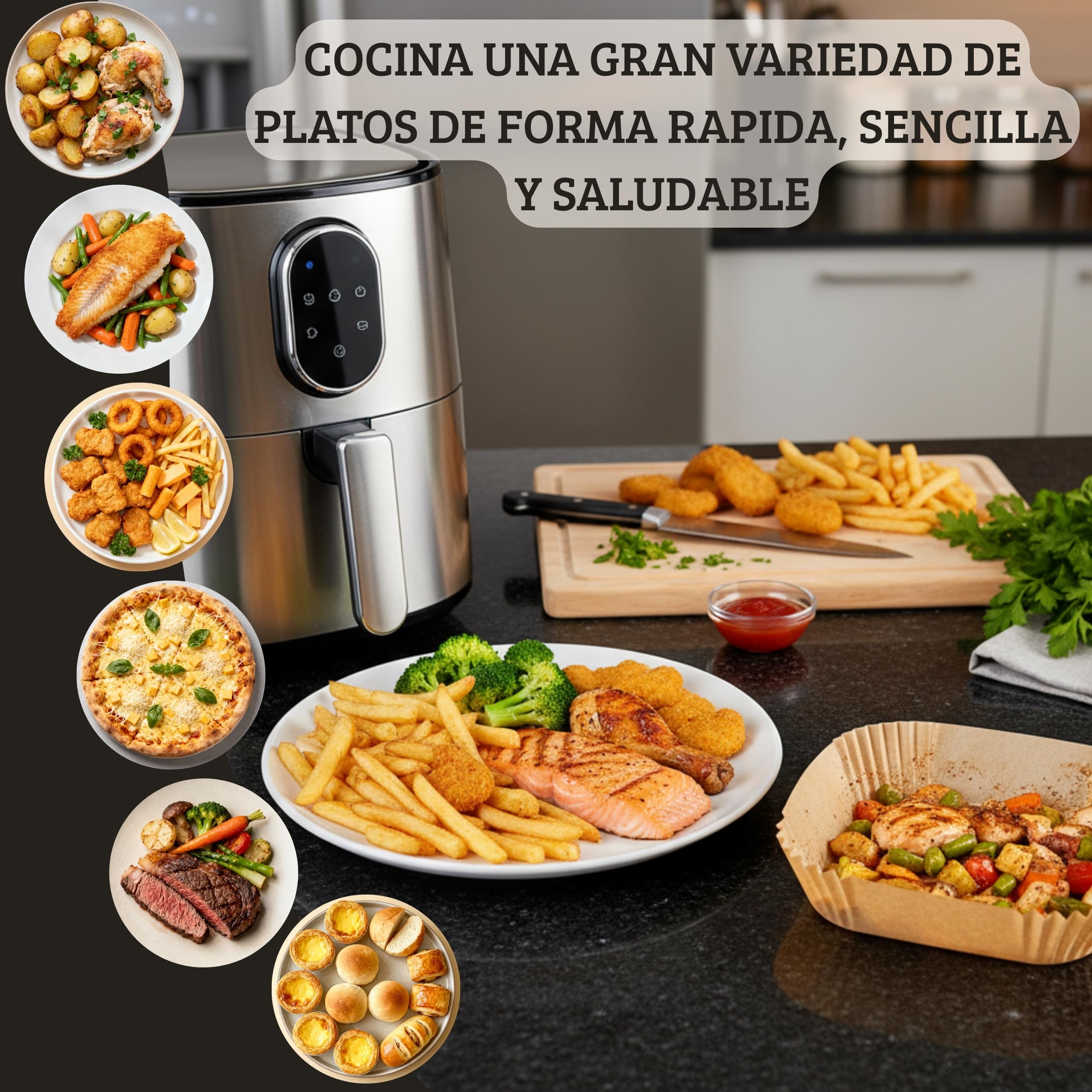 PAPEL AIR FRYER CUADRADO 200 Uds 20–24 Cm - Sin BPA Air Fryer Papel Air fryer Antiadherente - Modelo PREMIUM Profesional - Eco Desechable - Compatible con Cosori y Cecotec - 5-8 Litros. — view 3