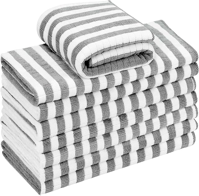 gryeer 8 Pack Microfibre Tea Towels, Super Absorbent, Soft and Thick Kitchen Towels(400gsm, 117g/piece), Check designed with Hanging Loops, 65 x 45 cm, Grey