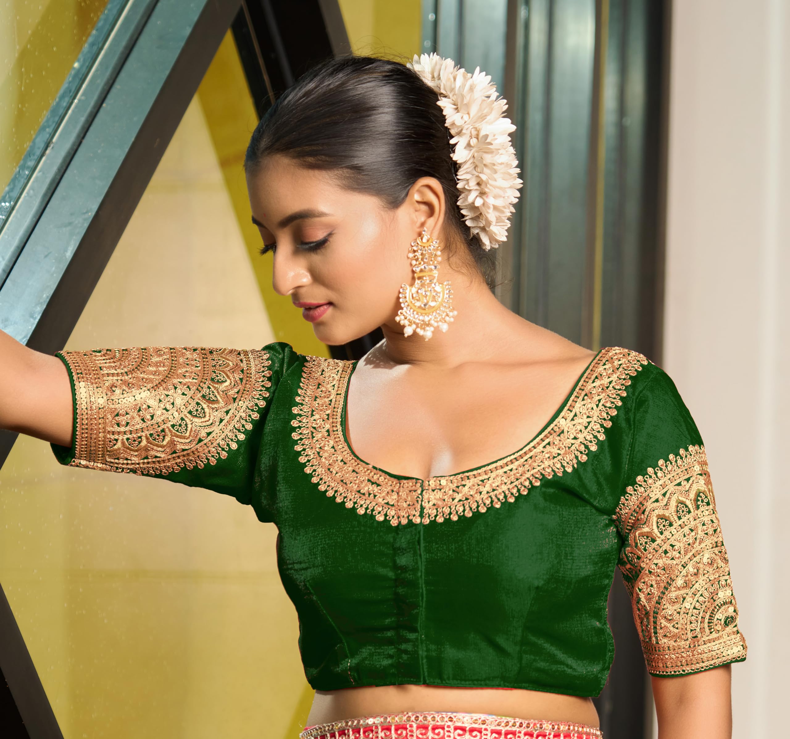 Pujia Mills Women's Readymade Blouse Embroidery Multi Coding Dull Golden Sequence Work Indian Ethnic Designer Stitched Readymade Saree Half Sleeve Green Blouse For Women For Saree Lehenga Choli