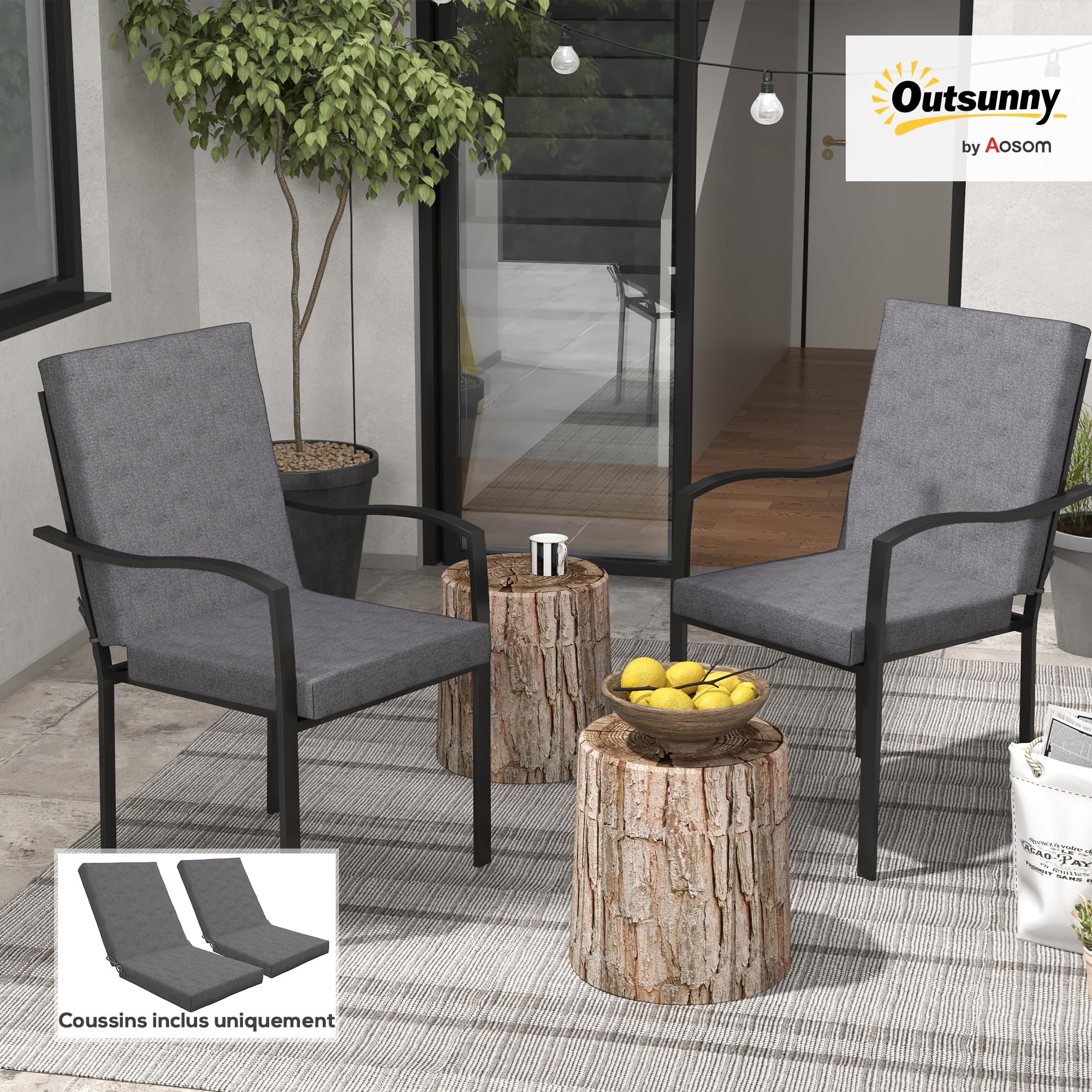 Outsunny Lot de 2 Coussins d'extérieur Chaise 8 cm 112L x 51l cm Gris Foncé