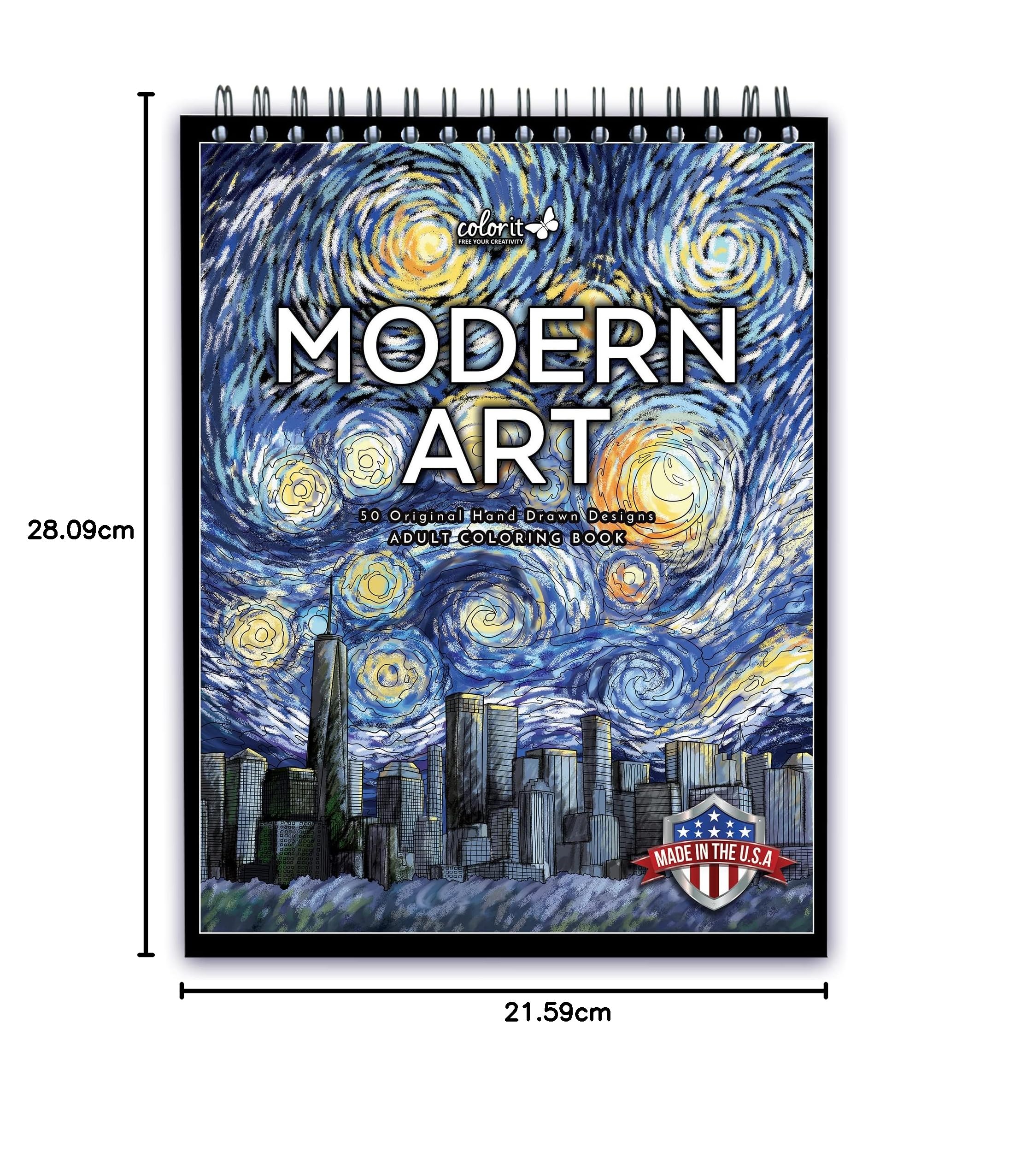 ColorIt Modern Art Malbuch für Erwachsene | 50 berühmte Zeichnungen, spiralgebunden, dickes Papier, perforierte Seiten, flacher Hardcover, Schreibunterlage