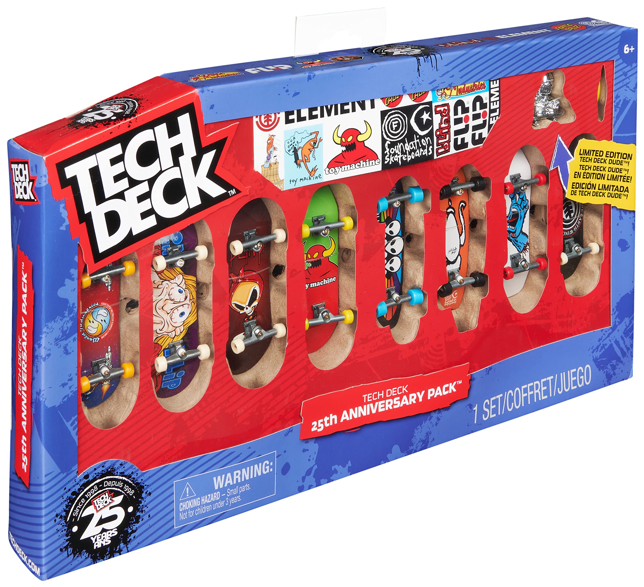 Tech Deck - 25th Anniversary Pack, 8er-Set mit Finger-Skateboards der coolsten Skate-Marken der letzten 25 Jahre, Zubehör: Dude Skater-Sammelfigur, Sticker-Sets der enthaltenen Marken, ab 6 Jahren